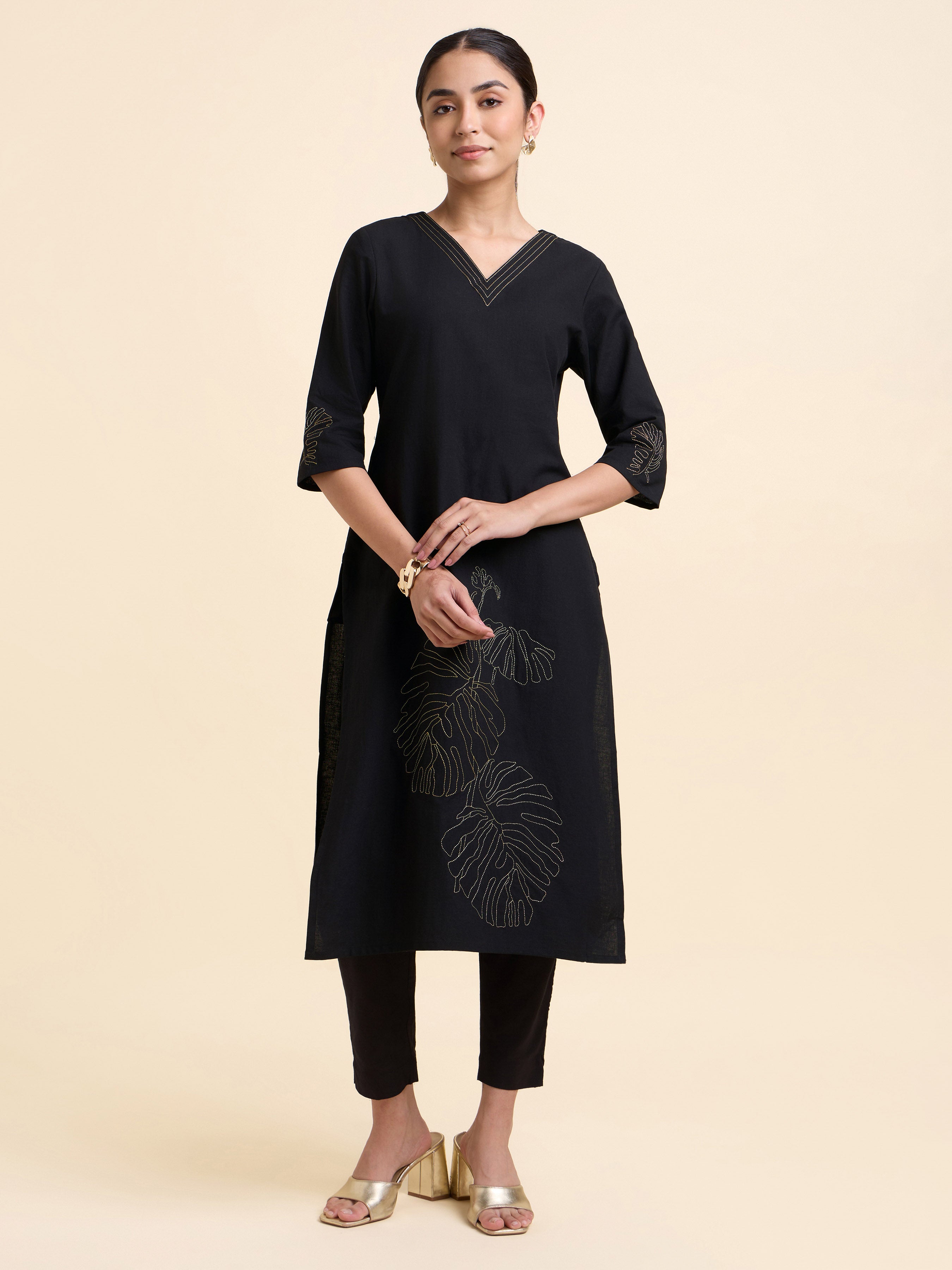Black Cotton Flax Plain Slitted Kurti With Embroidery