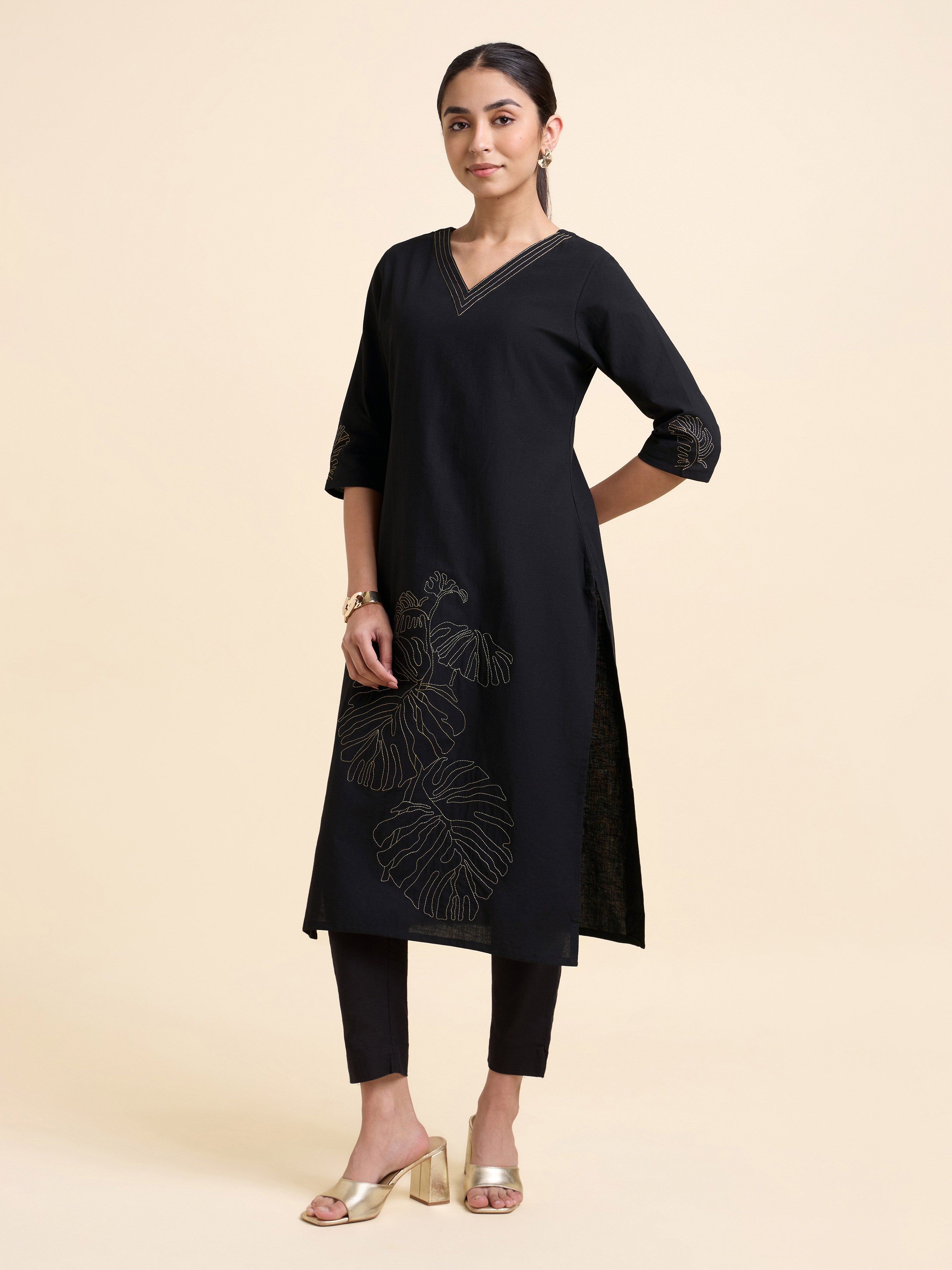 Black Cotton Flax Plain Slitted Kurti With Embroidery