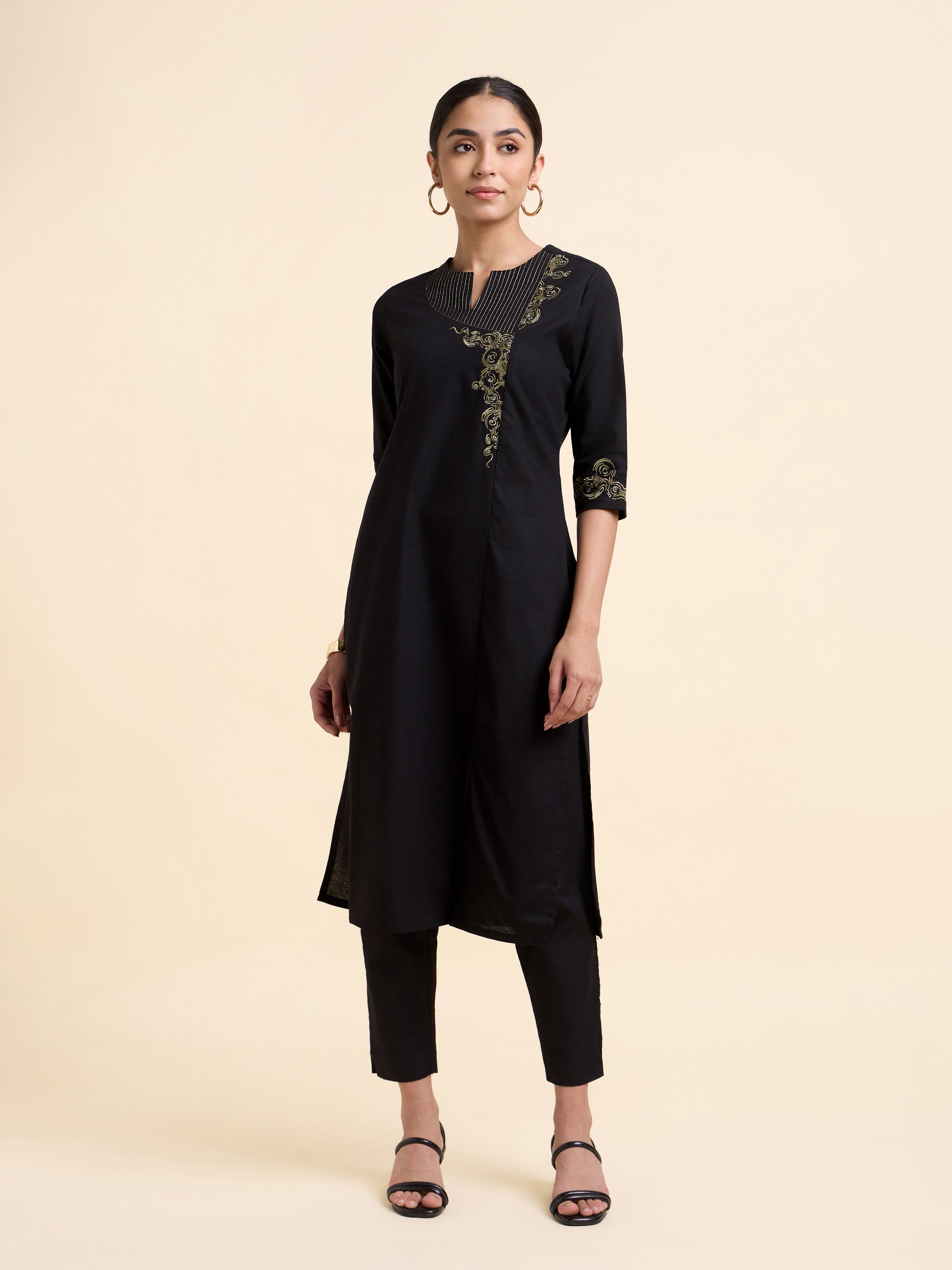 Black Cotton Flax Slub Plain Kurti With Embroidery