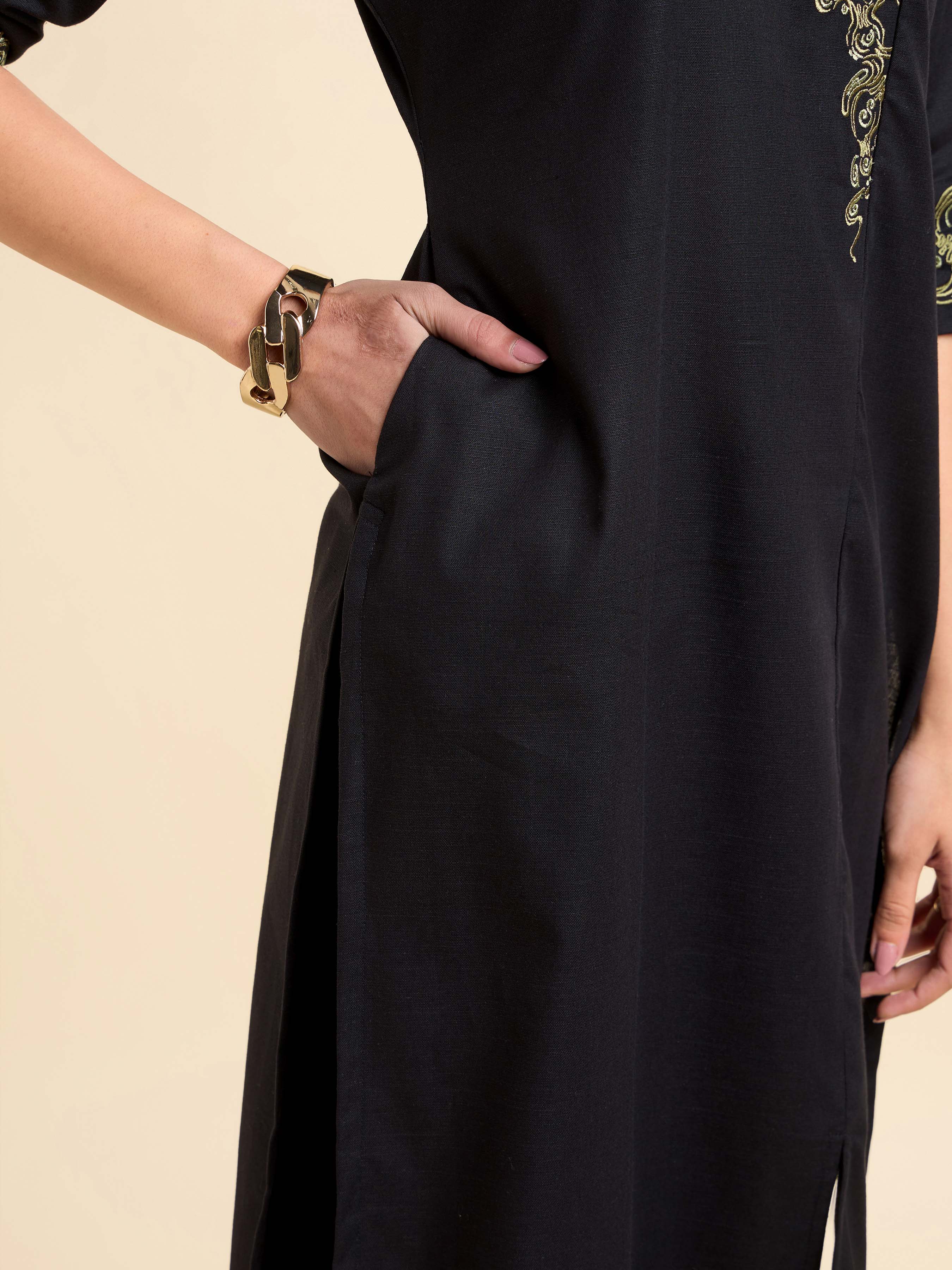 Black Cotton Flax Slub Plain Kurti With Embroidery