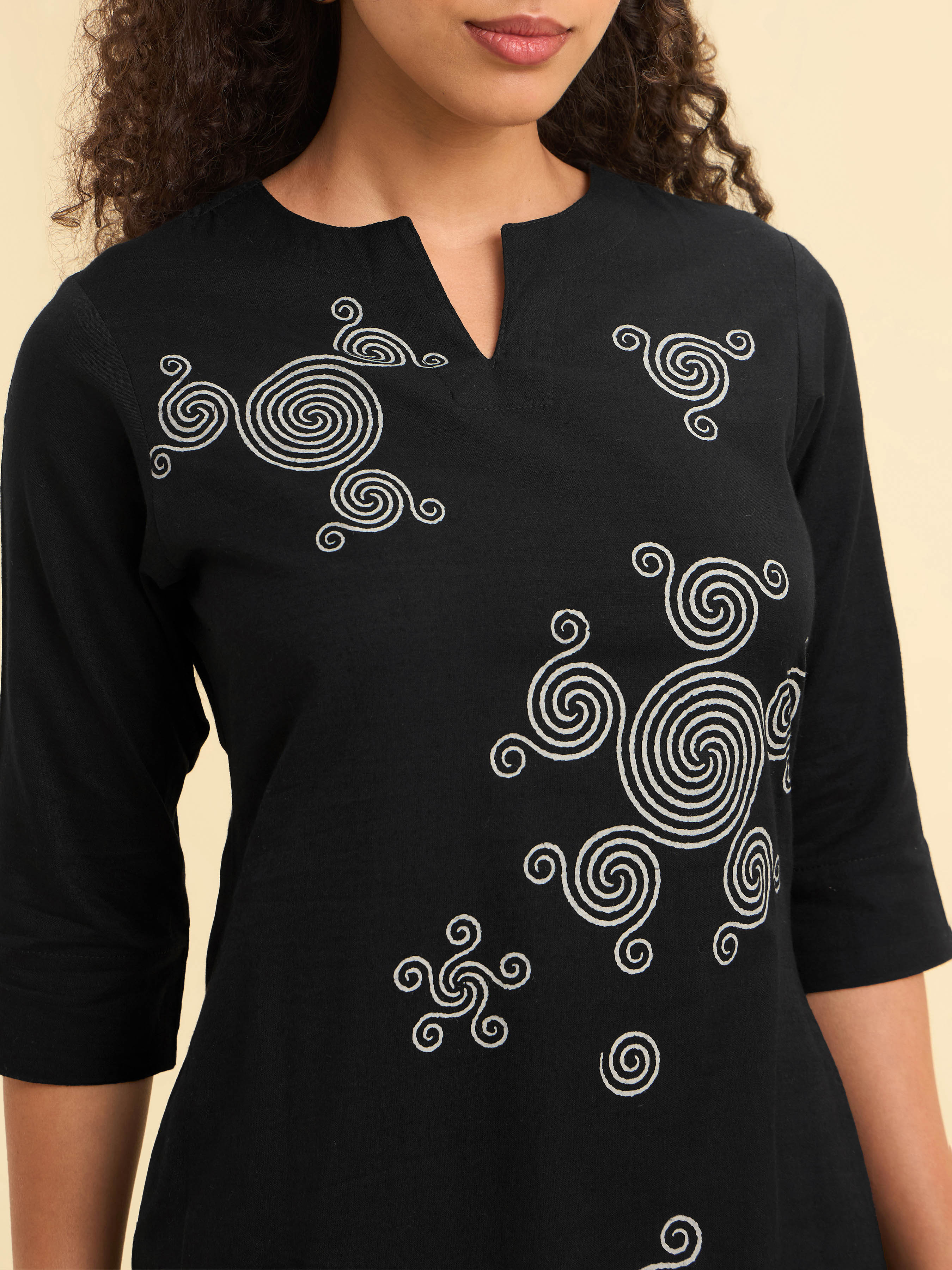 Black Cotton Viscose Slitted Kurti With Placement Print