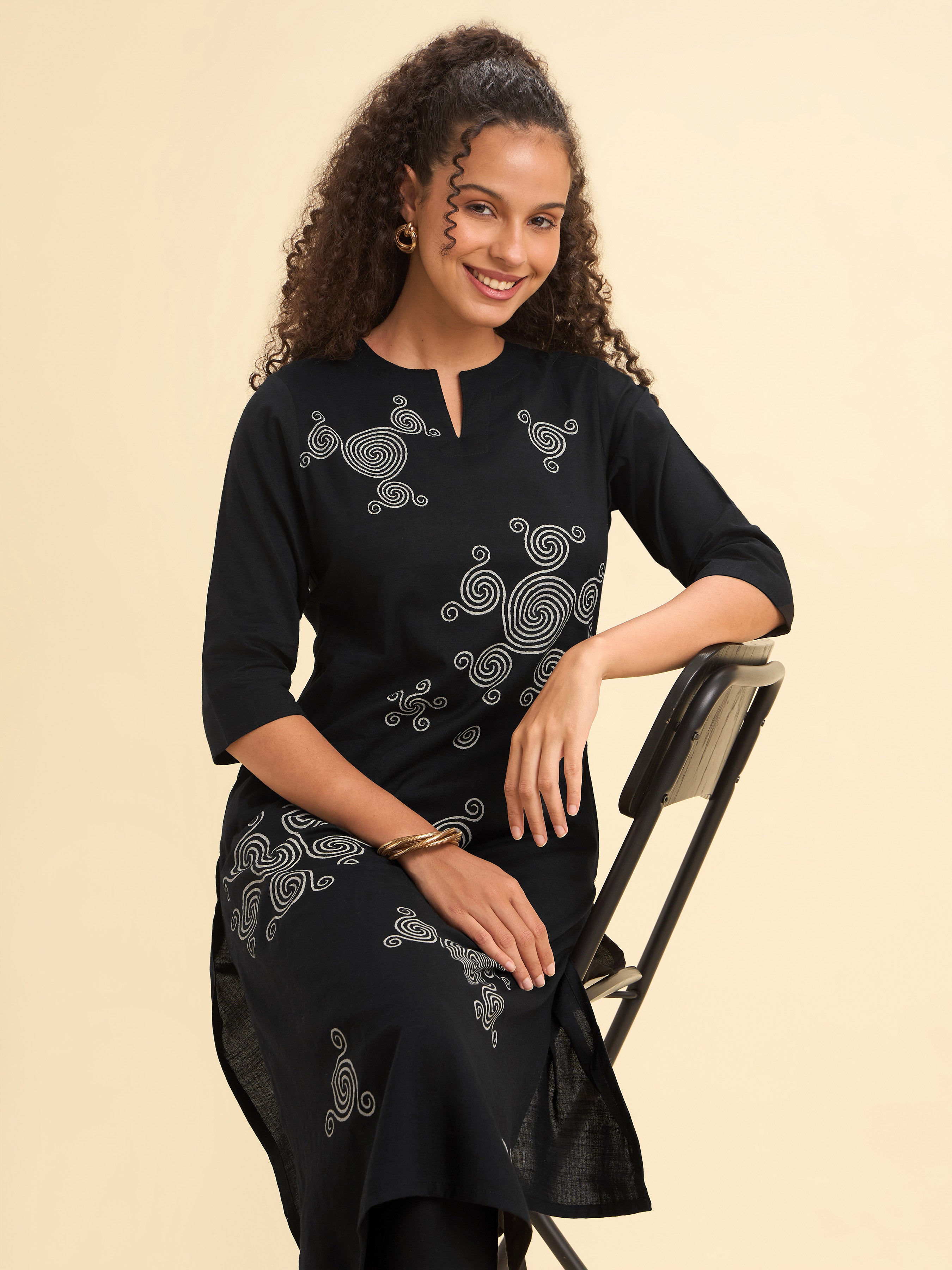 Black Cotton Viscose Slitted Kurti With Placement Print