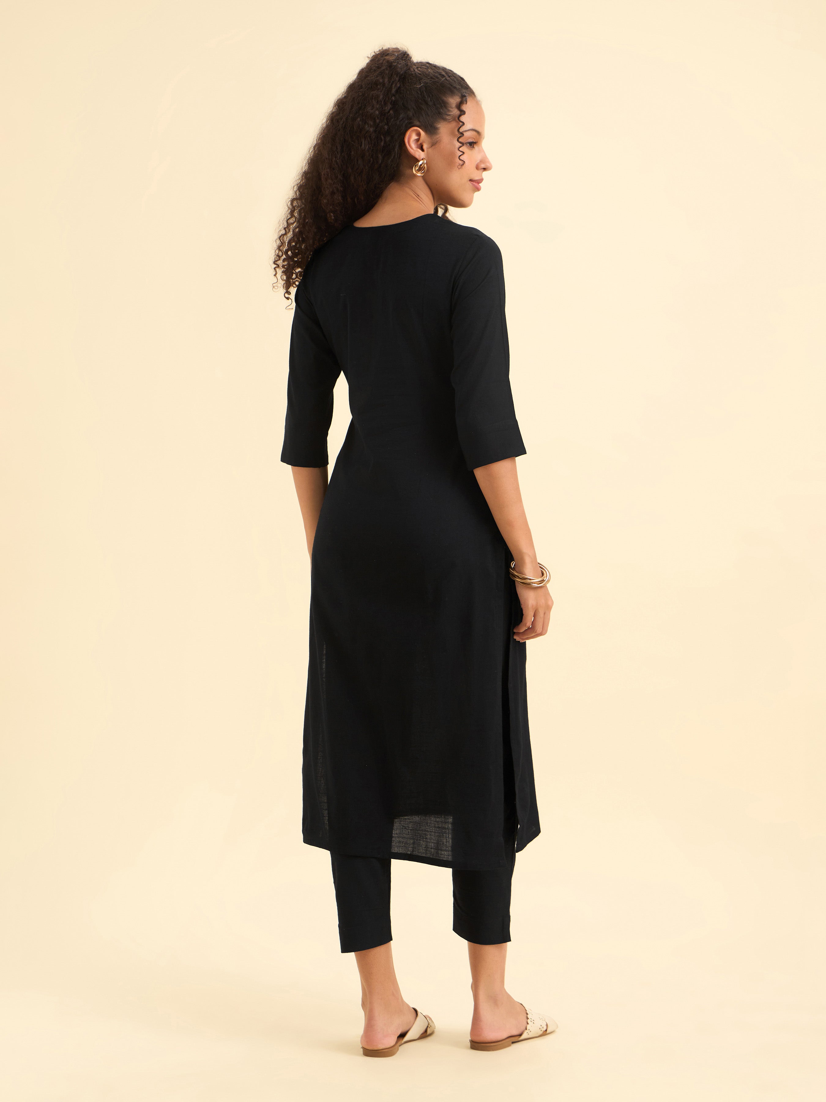 Black Cotton Viscose Slitted Kurti With Placement Print