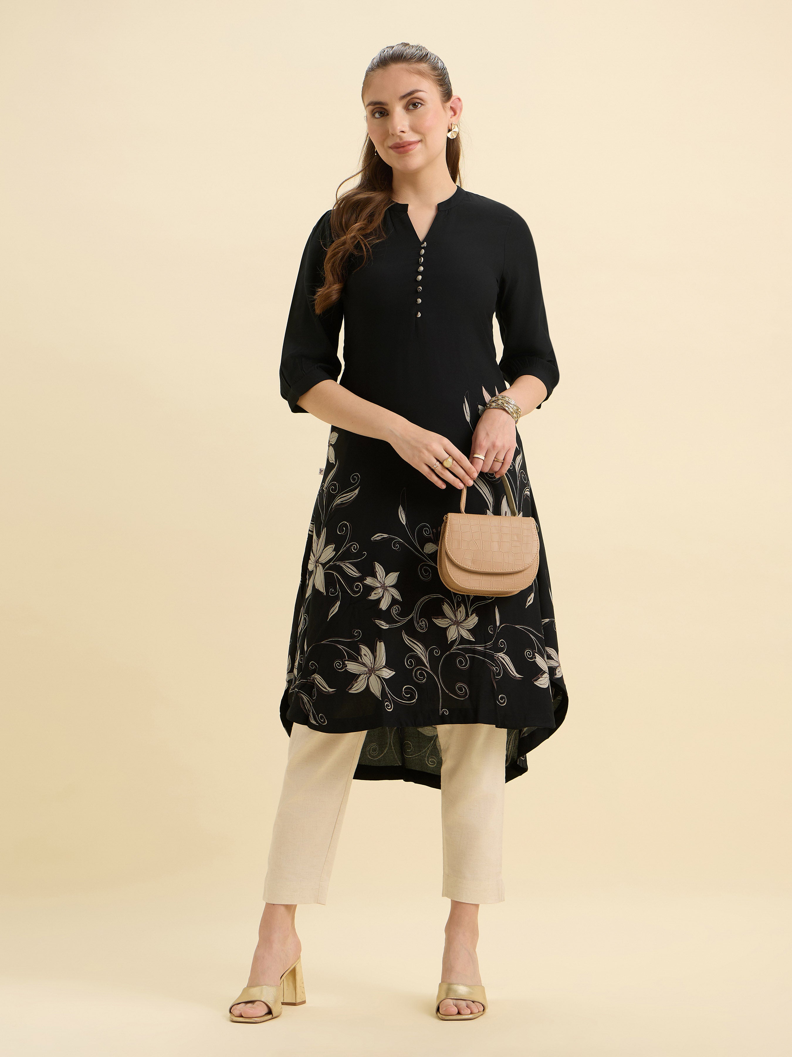 Black Flared Up And Down Printed Kurti