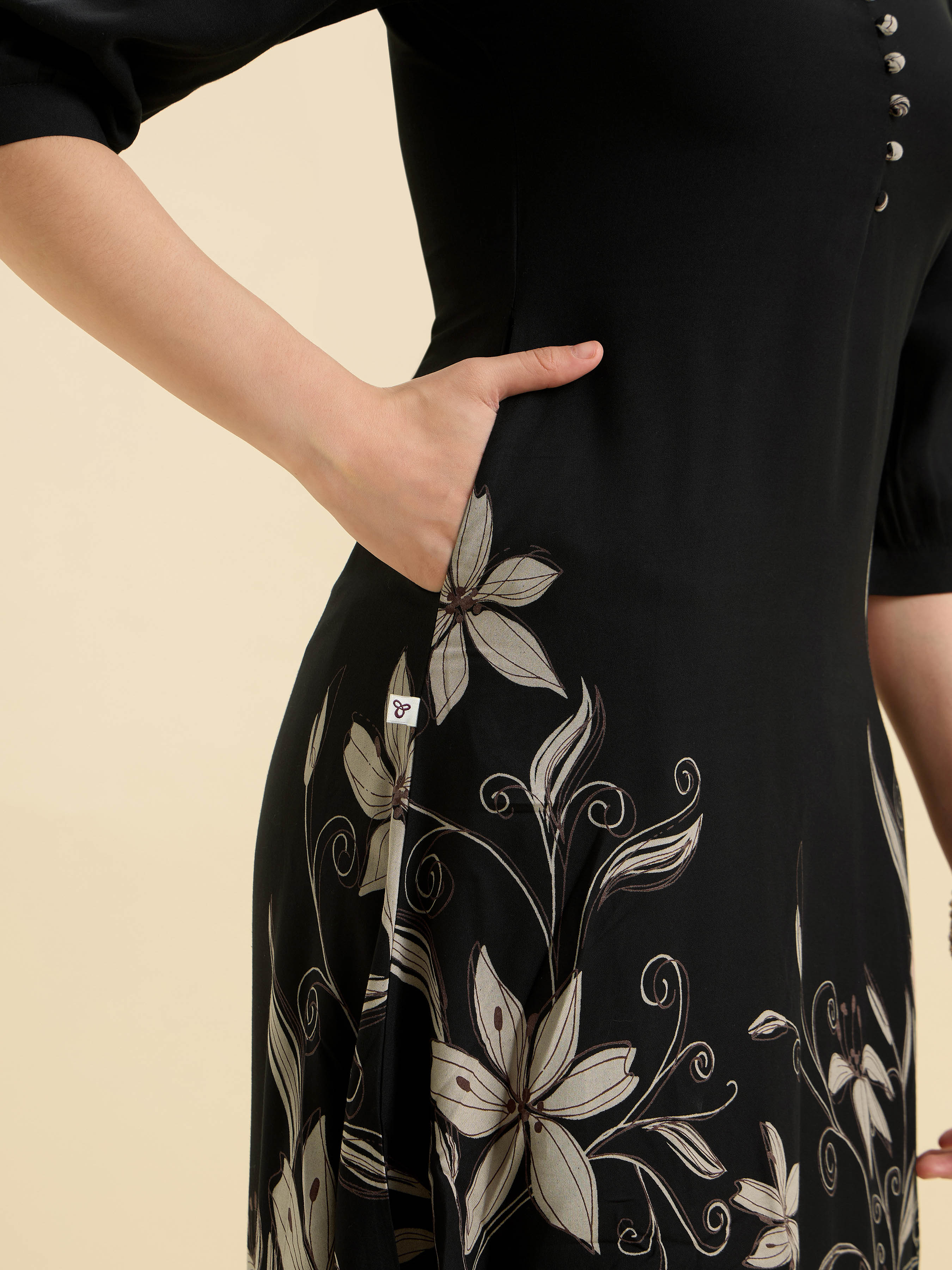 Black Flared Up And Down Printed Kurti