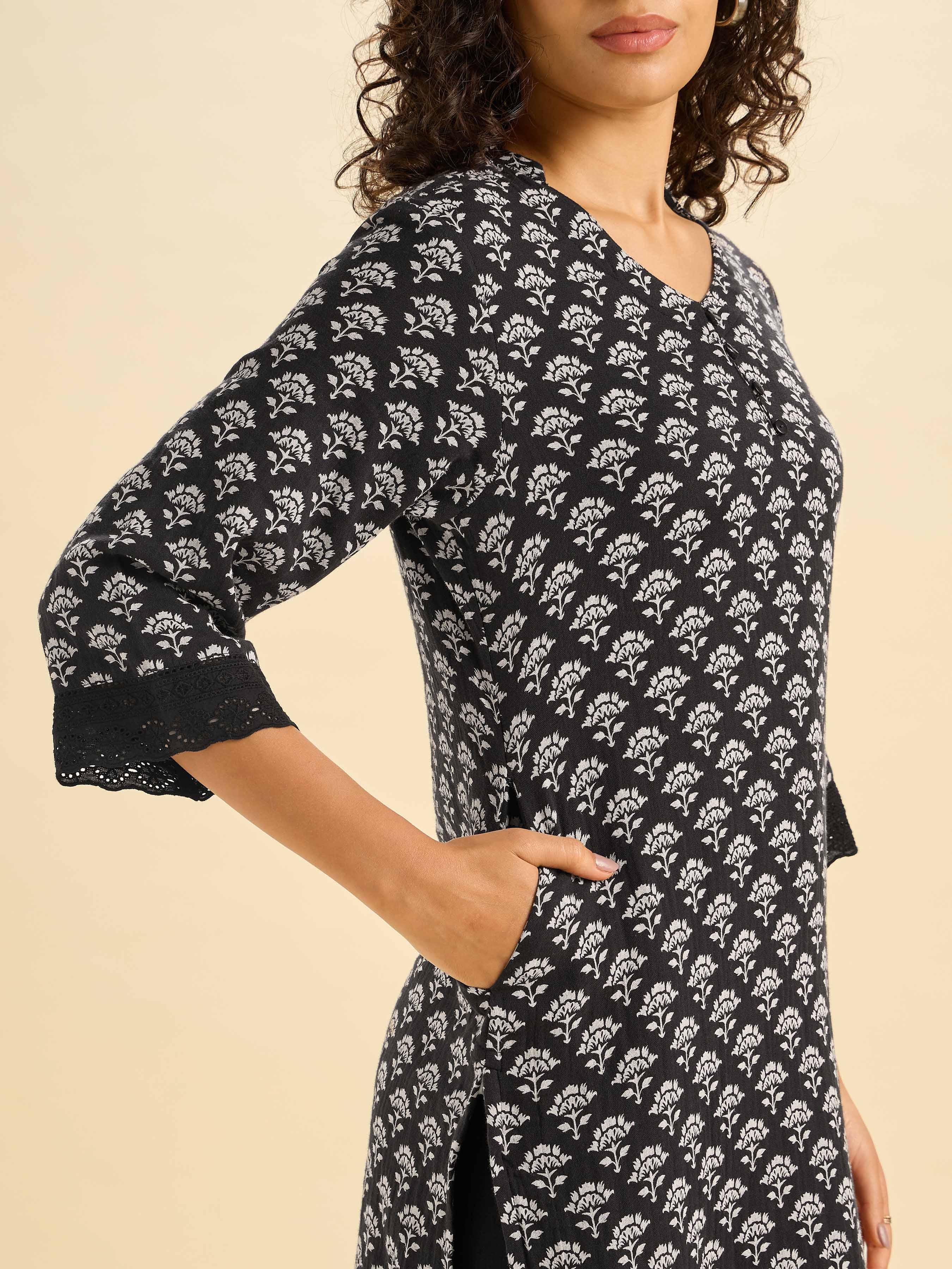 Black Grey Cotton Double Cloth Printed Slited Kurti With Lace
