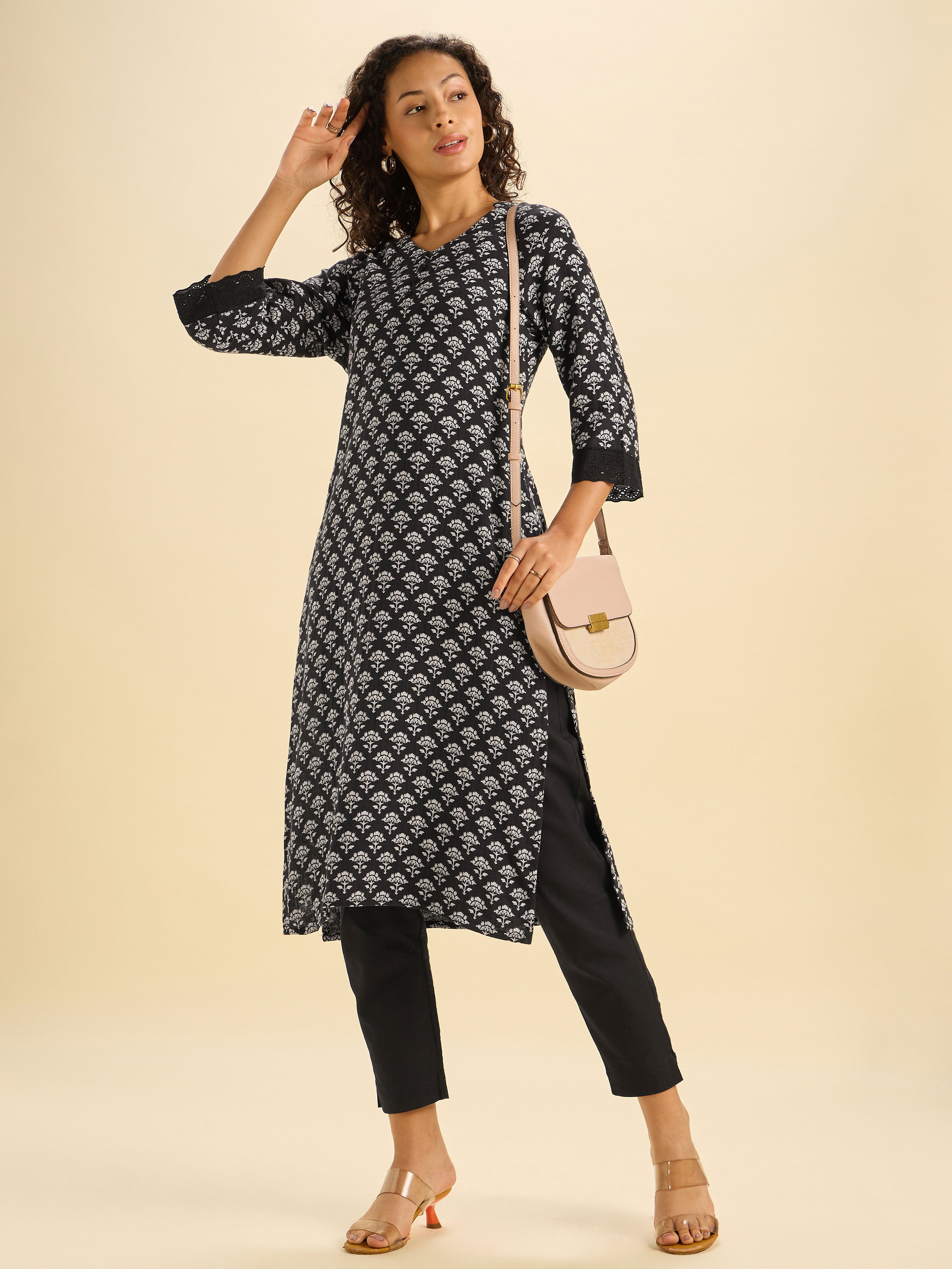 Black Grey Cotton Double Cloth Printed Slited Kurti With Lace