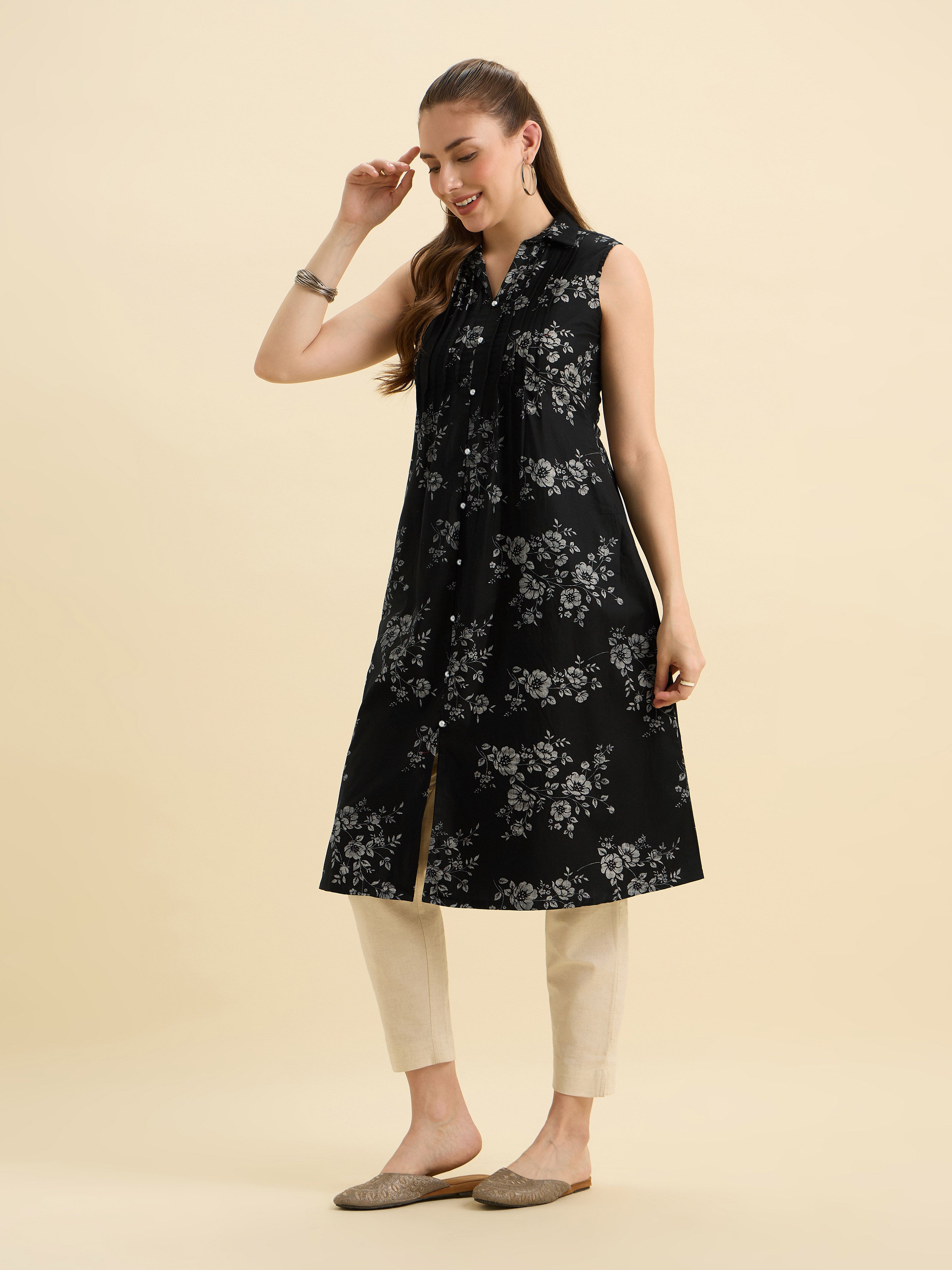 Black Ivory Cotton Satin Printed Flared Kurti With Pleats