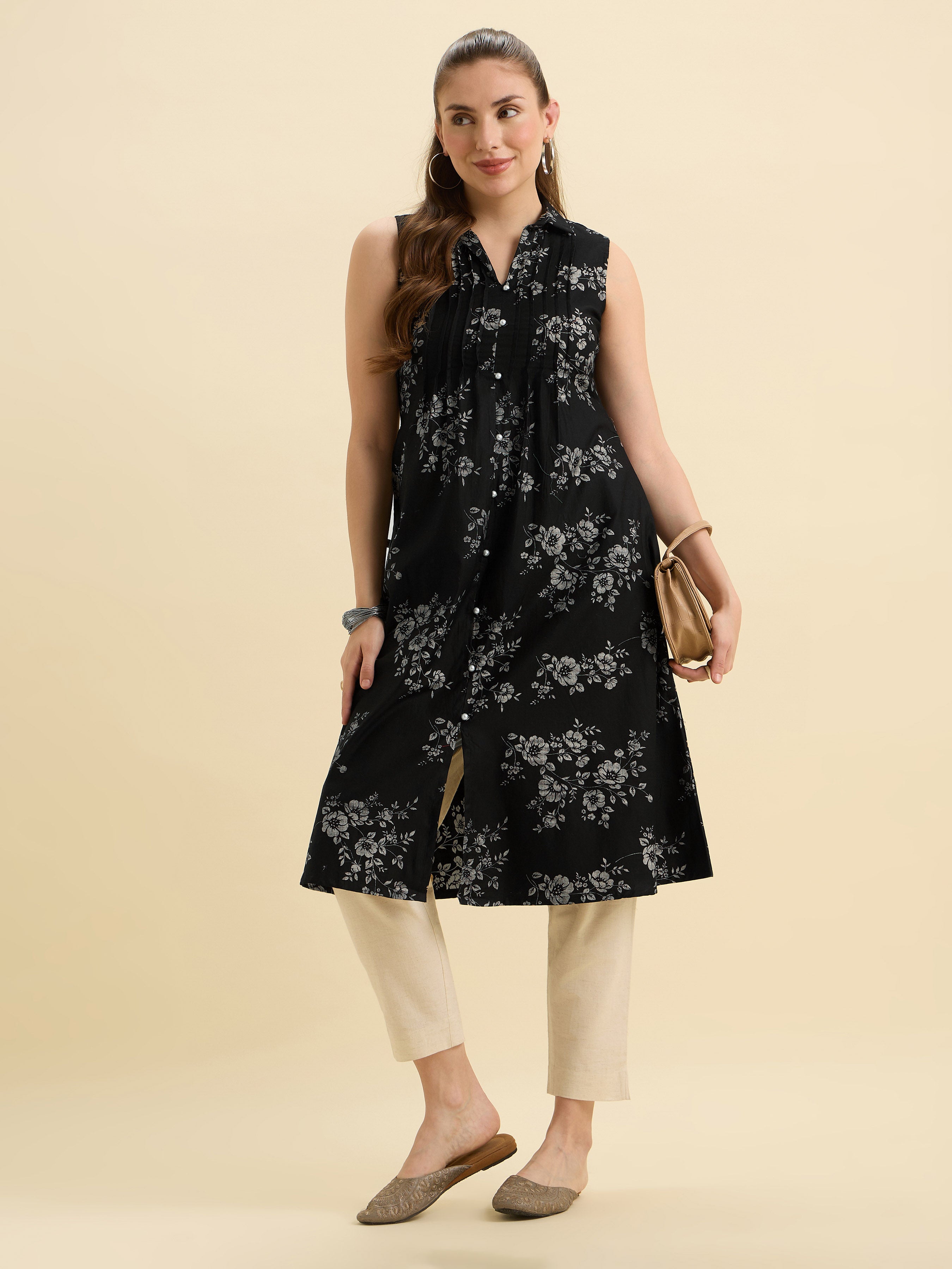 Black Ivory Cotton Satin Printed Flared Kurti With Pleats