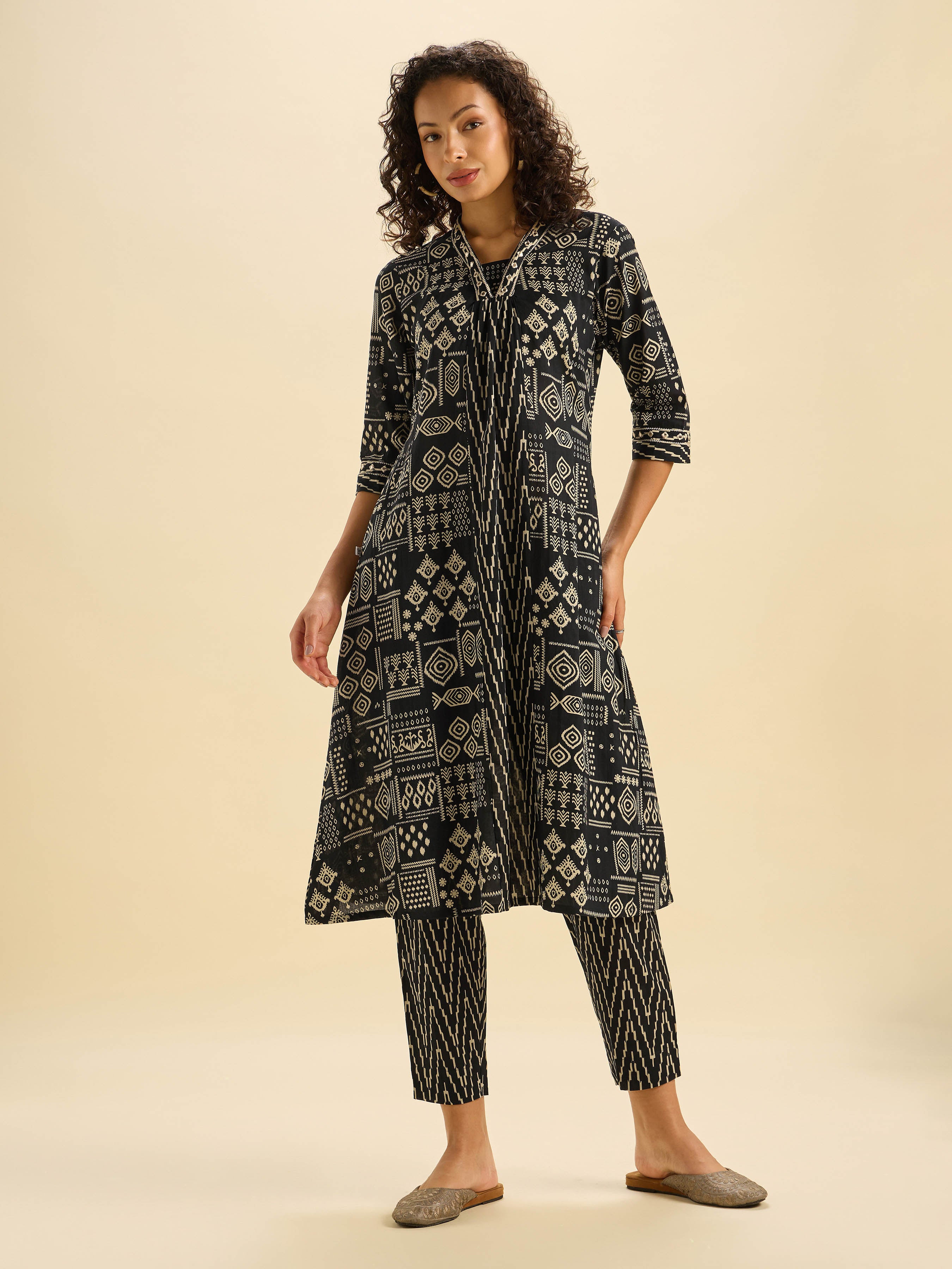 Black Ivory Pure Cotton Printed Flared Kurti Set With Mirror Work