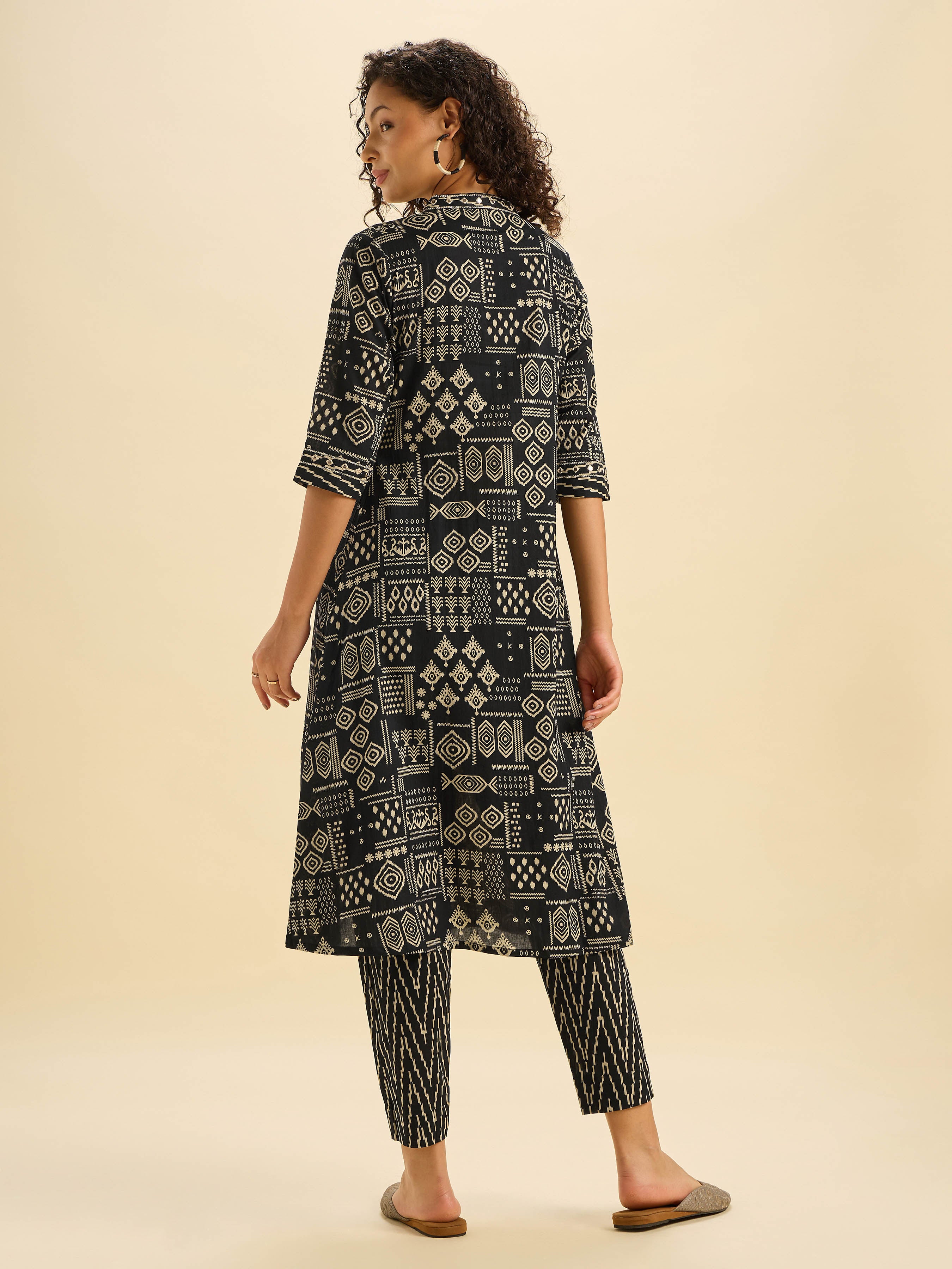 Black Ivory Pure Cotton Printed Flared Kurti Set With Mirror Work