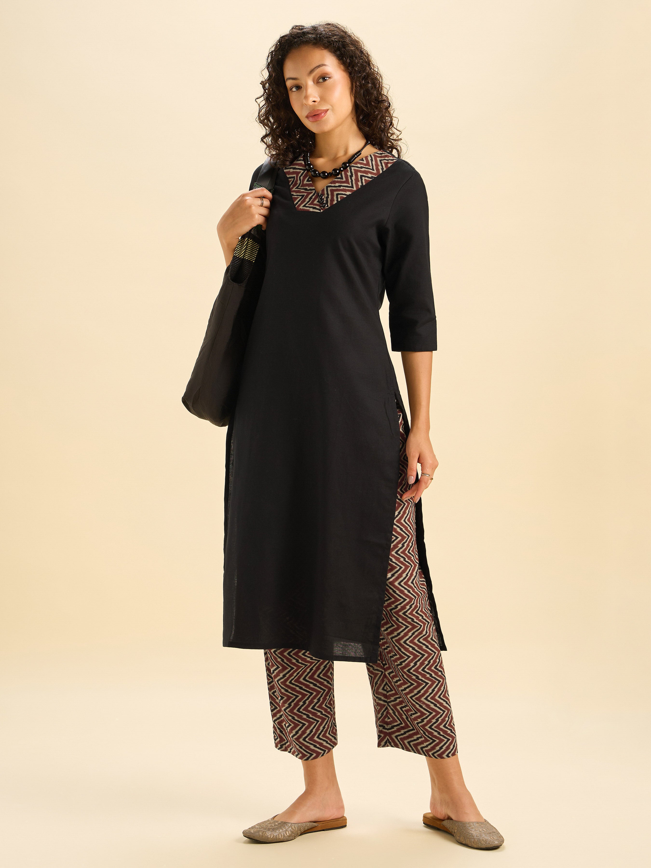 Black Multi Colour Cotton Flax Slitted Kurti Set