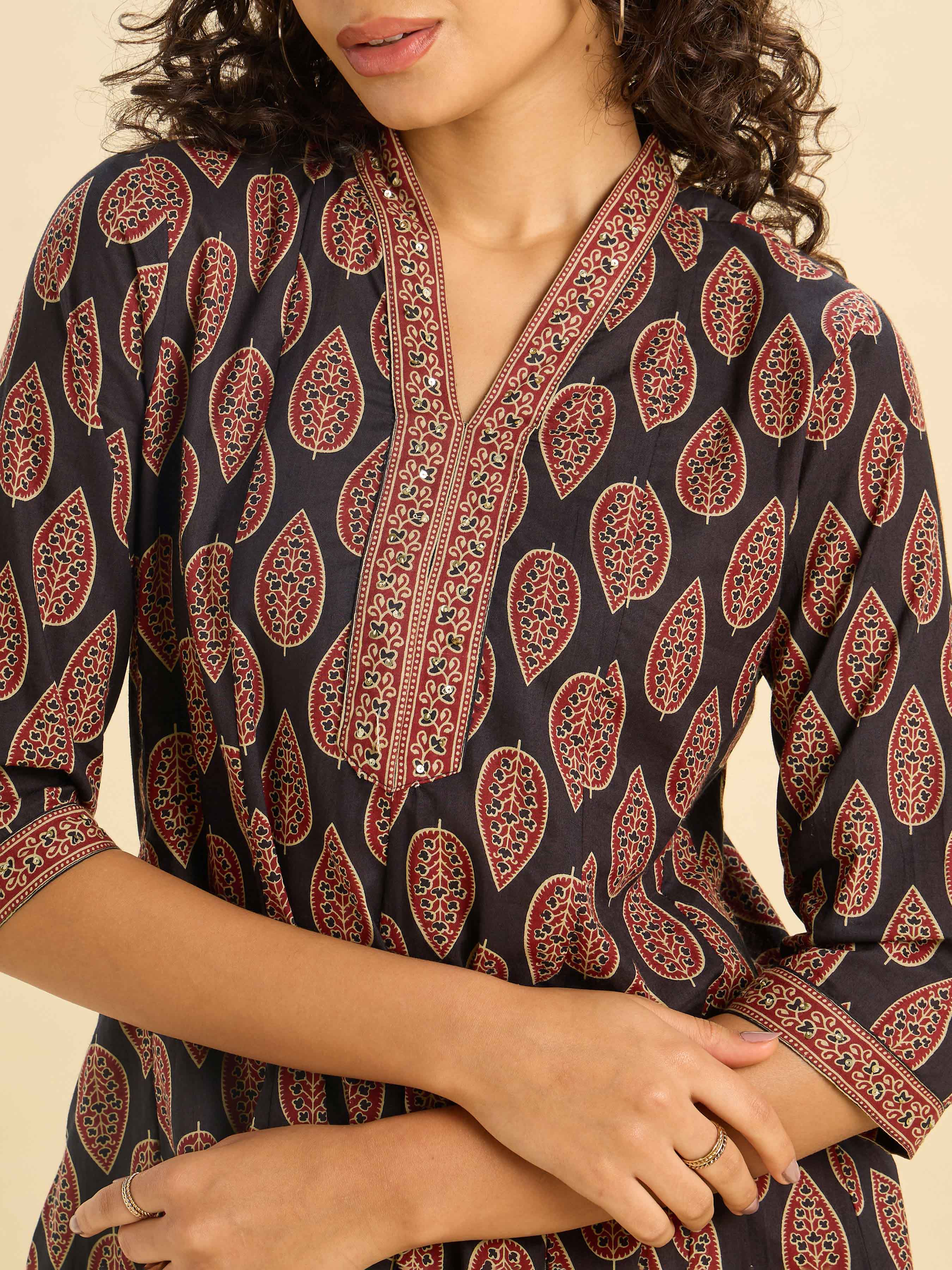 Black Multi Cotton Printed Flared Kalicut Kurthi With Sequins Work