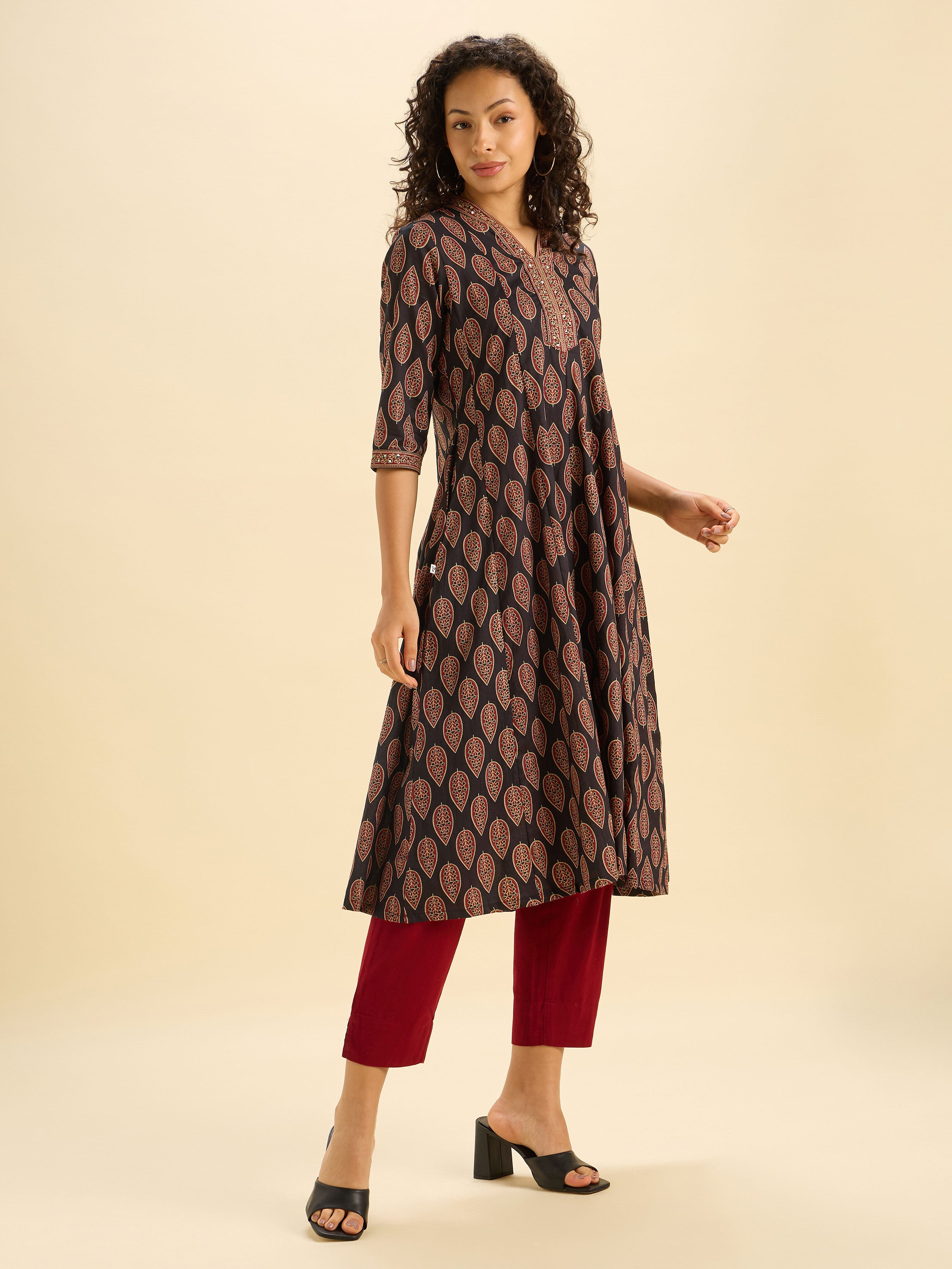 Black Multi Cotton Printed Flared Kalicut Kurthi With Sequins Work