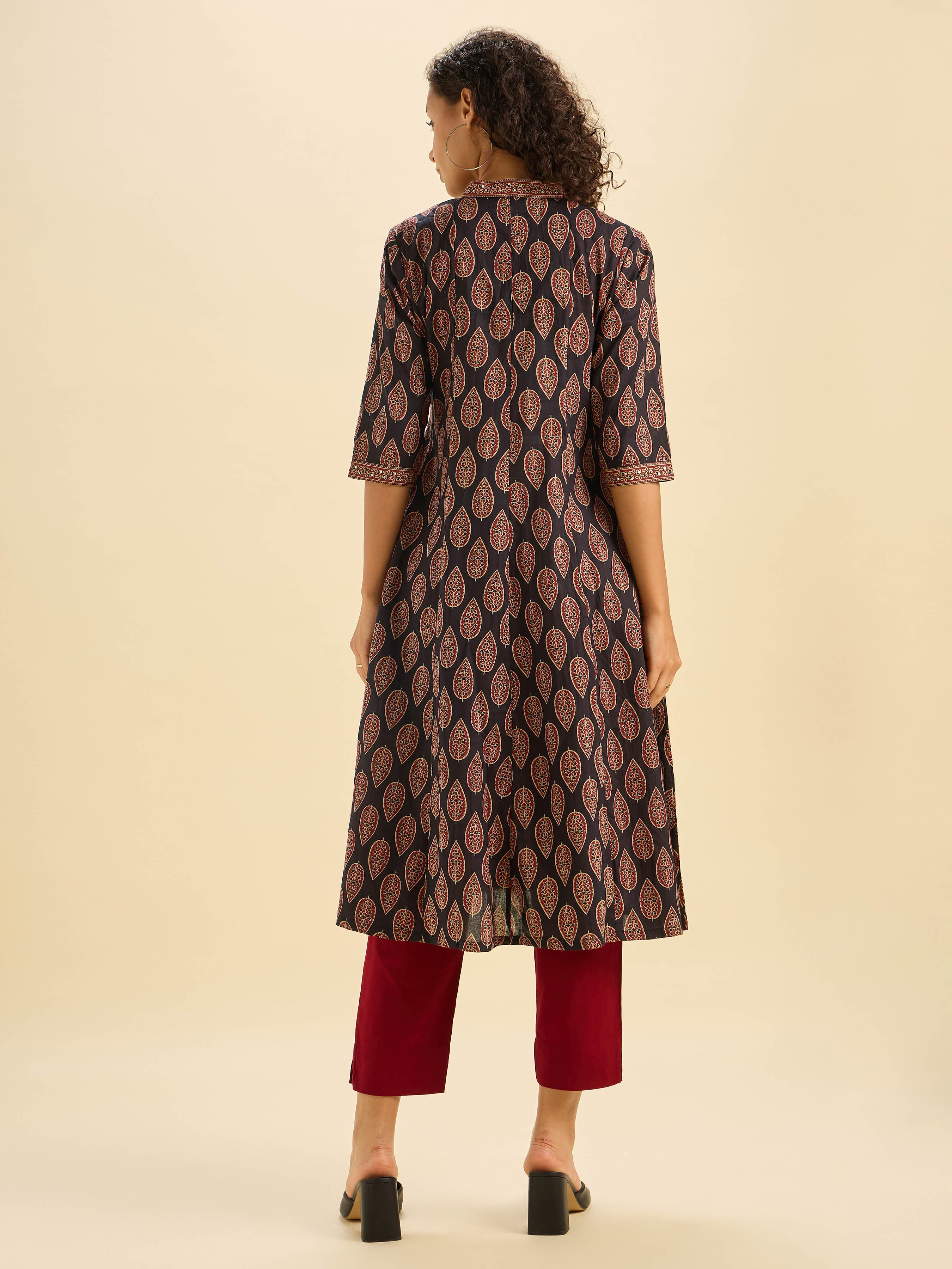 Black Multi Cotton Printed Flared Kalicut Kurthi With Sequins Work