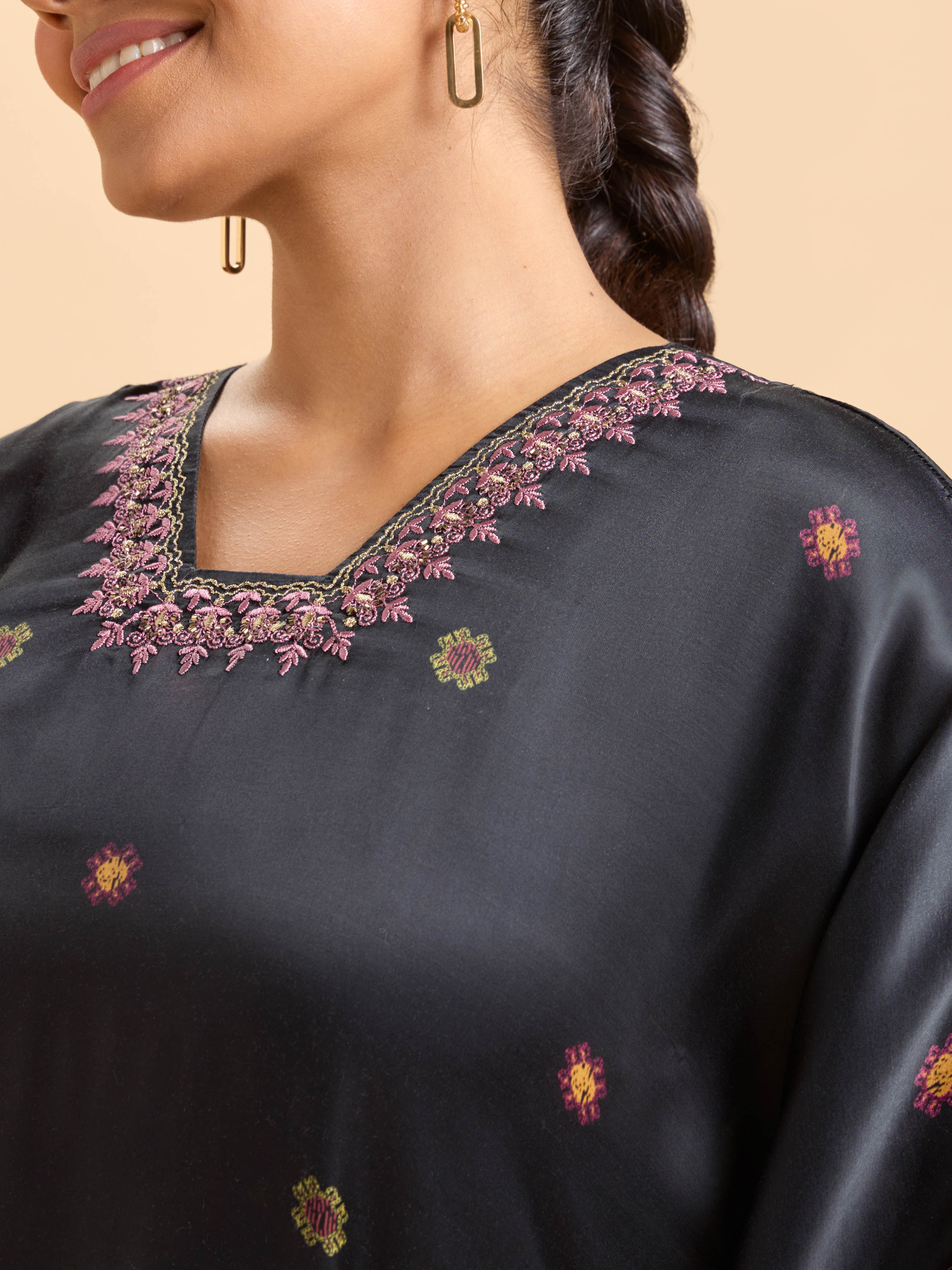 Black Multi Colour Modal Satin Printed Kaftan Kurti With Embroidery And Handwork