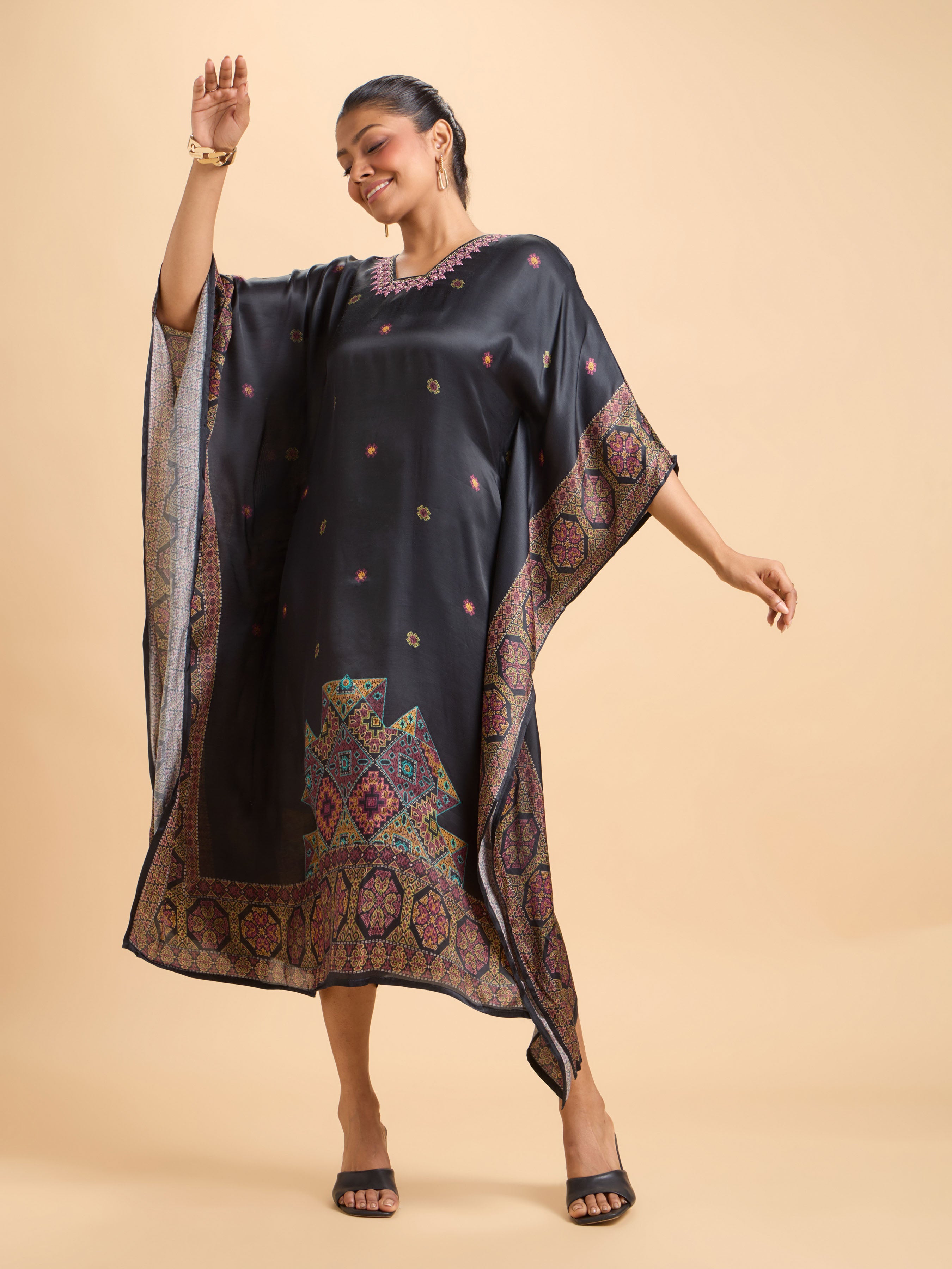Black Multi Colour Modal Satin Printed Kaftan Kurti With Embroidery And Handwork