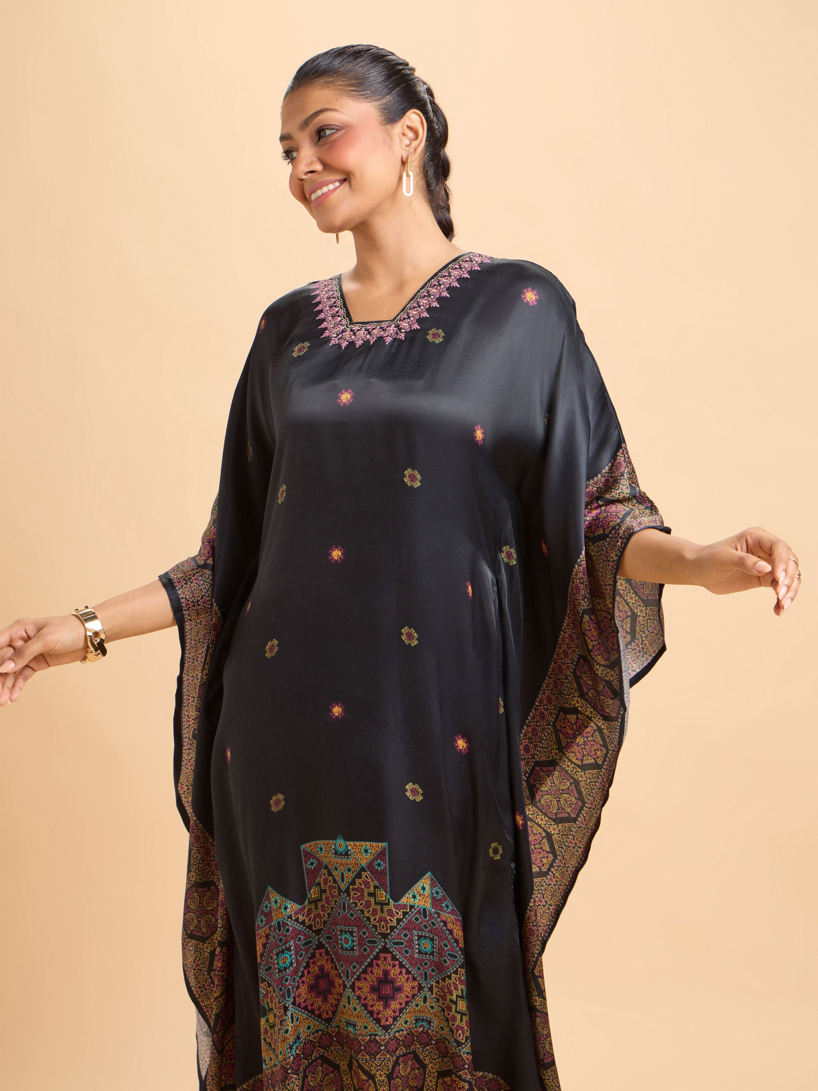 Black Multi Colour Modal Satin Printed Kaftan Kurti With Embroidery And Handwork