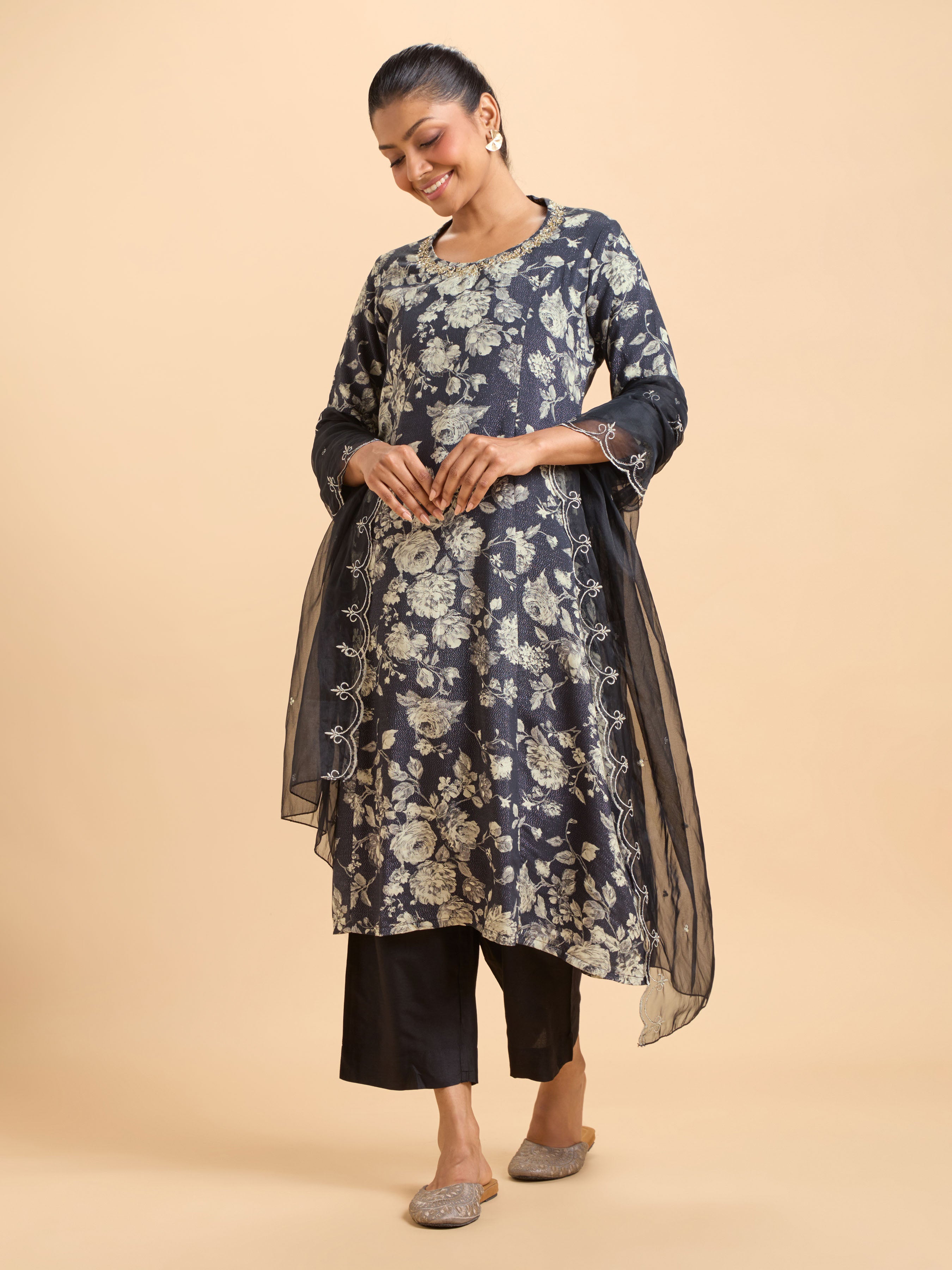 Black Multi-Colour Viscose Shimmer Printed Flared Kurti With Embroidery And Handwork Styled With Organza Embroidered Dupatta