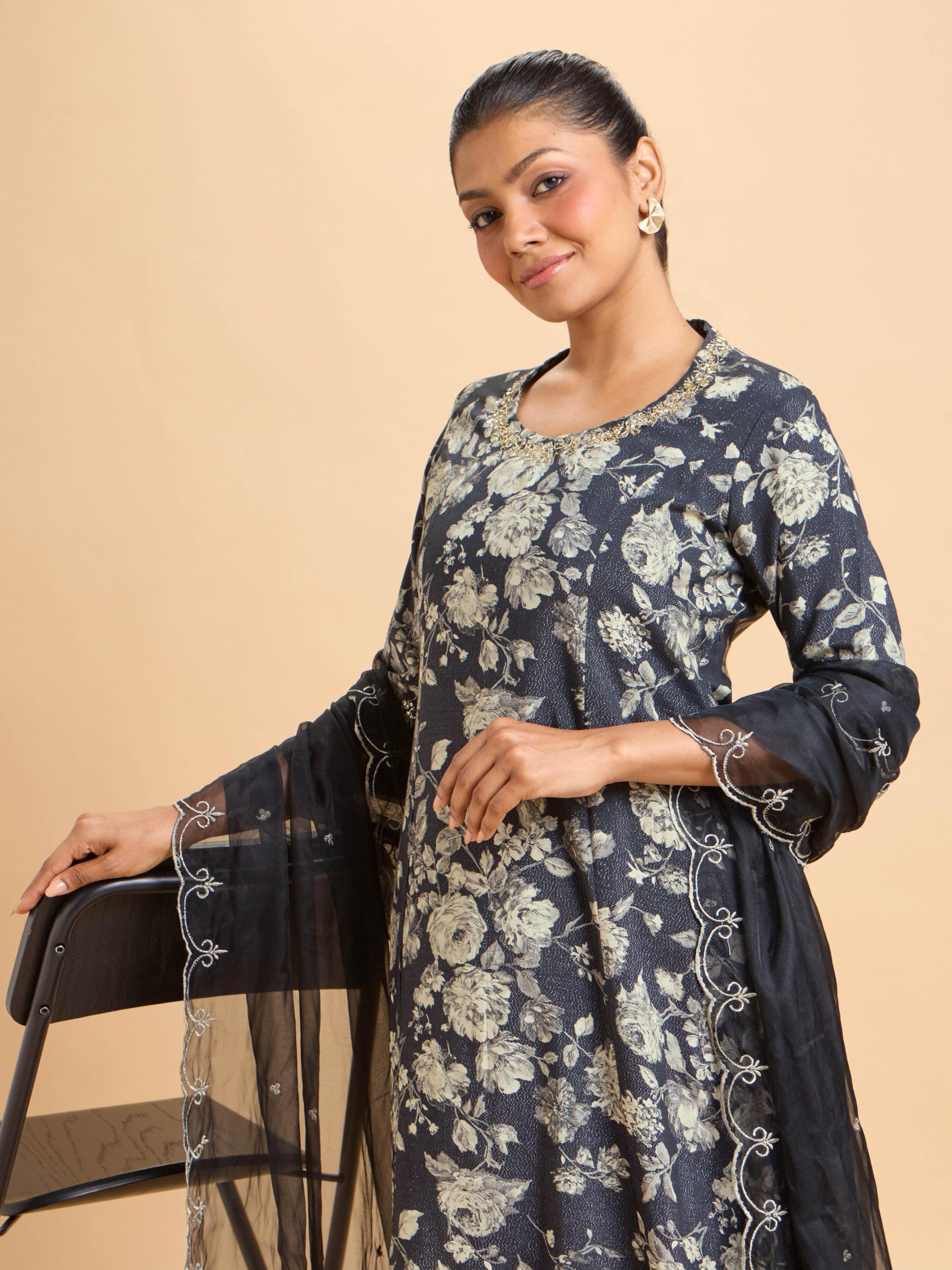 Black Multi-Colour Viscose Shimmer Printed Flared Kurti With Embroidery And Handwork Styled With Organza Embroidered Dupatta