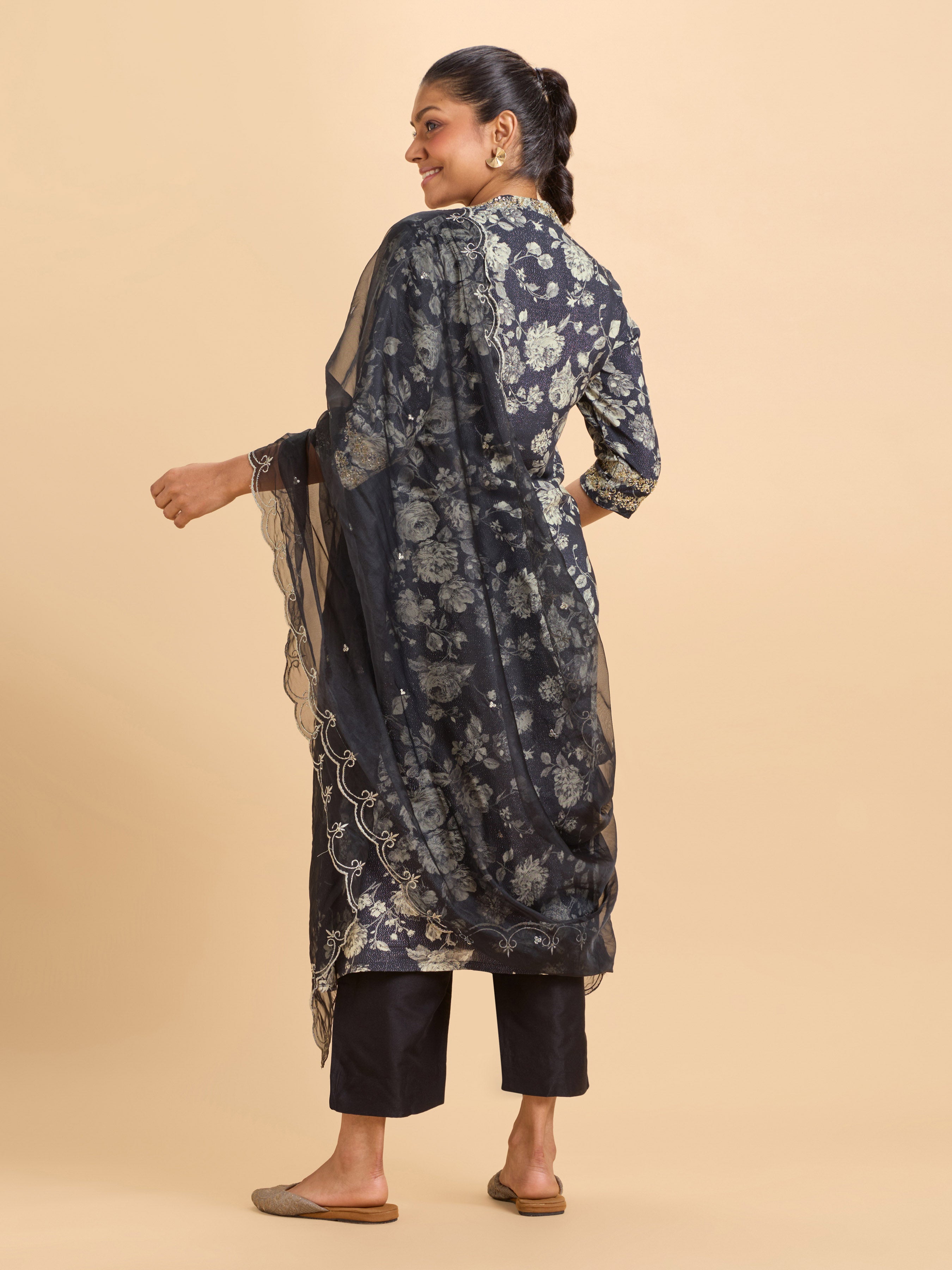 Black Multi-Colour Viscose Shimmer Printed Flared Kurti With Embroidery And Handwork Styled With Organza Embroidered Dupatta