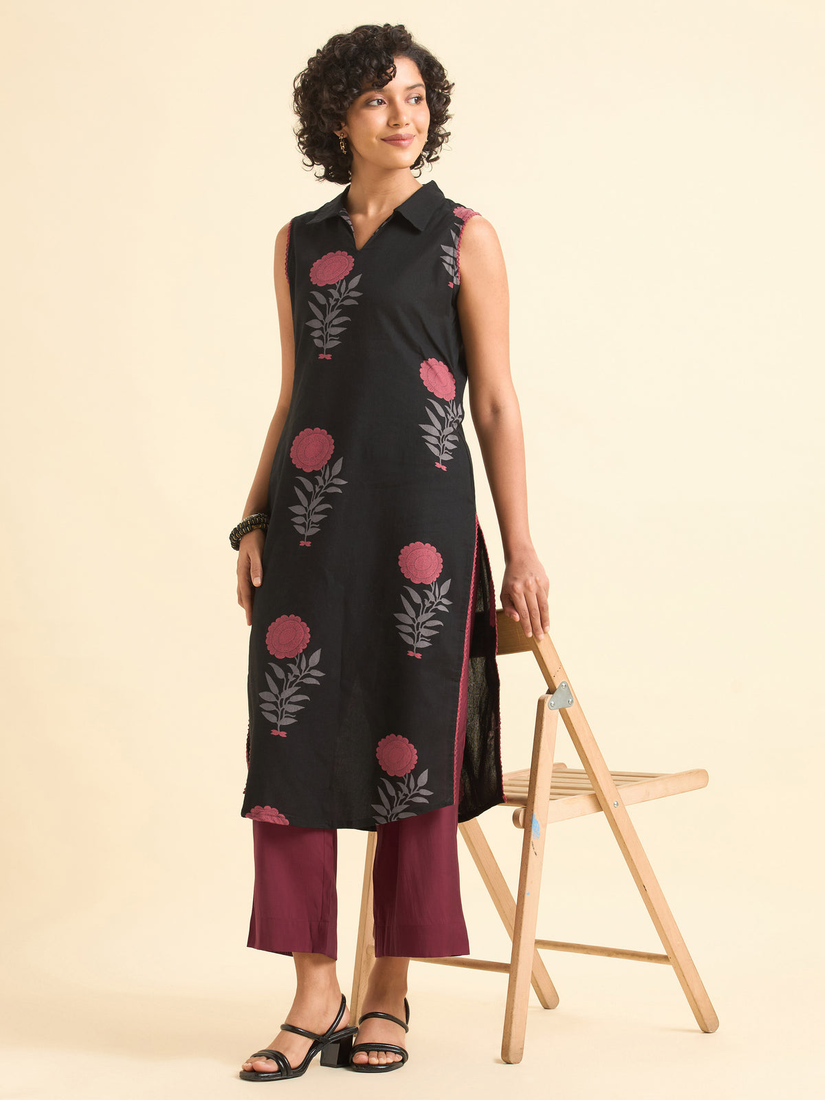Black Multi Cotton Flax Slitted Kurti With Lace Detailing