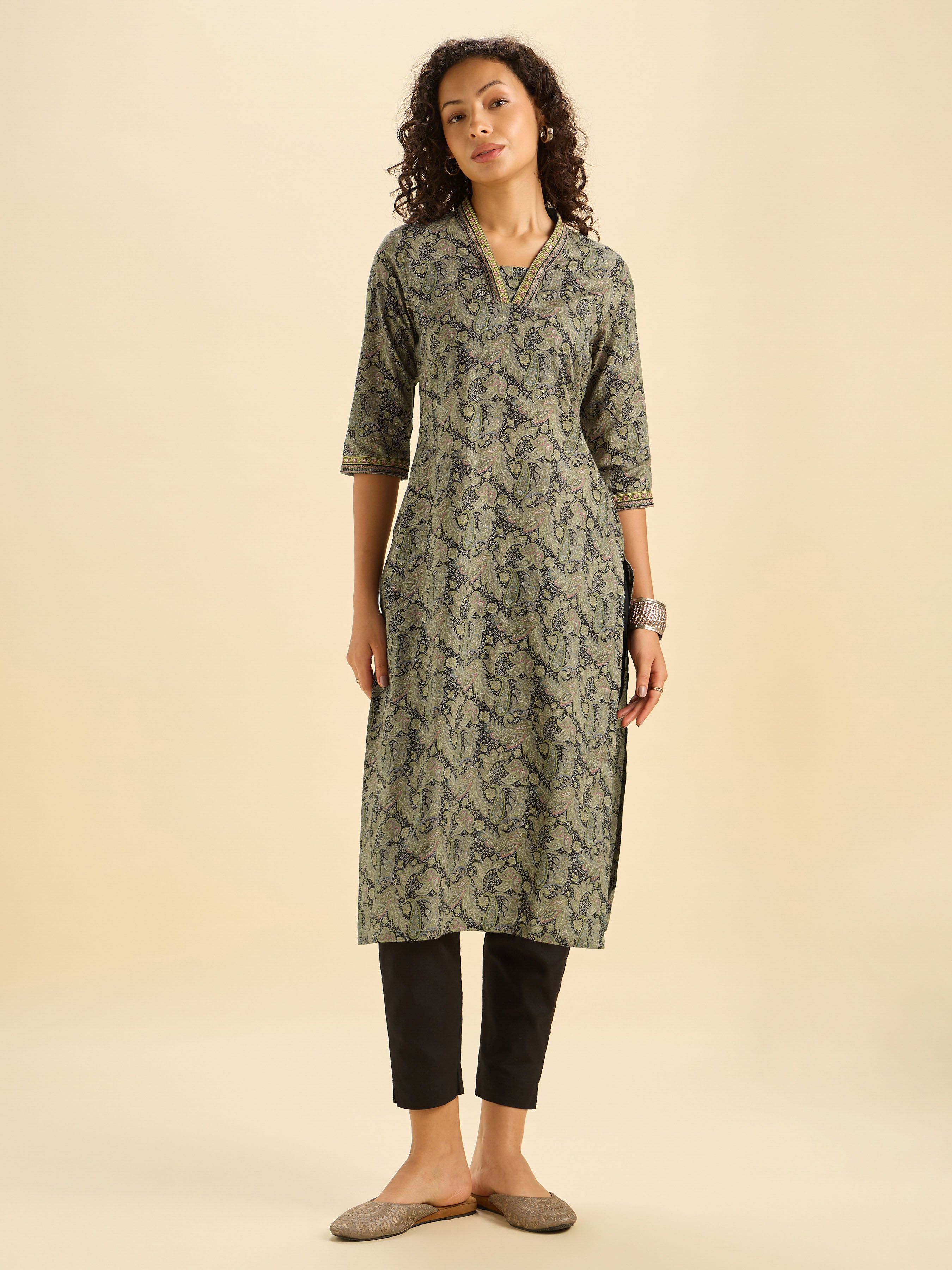 Black Multi Cotton Printed Slit Kurti With Mirror Work