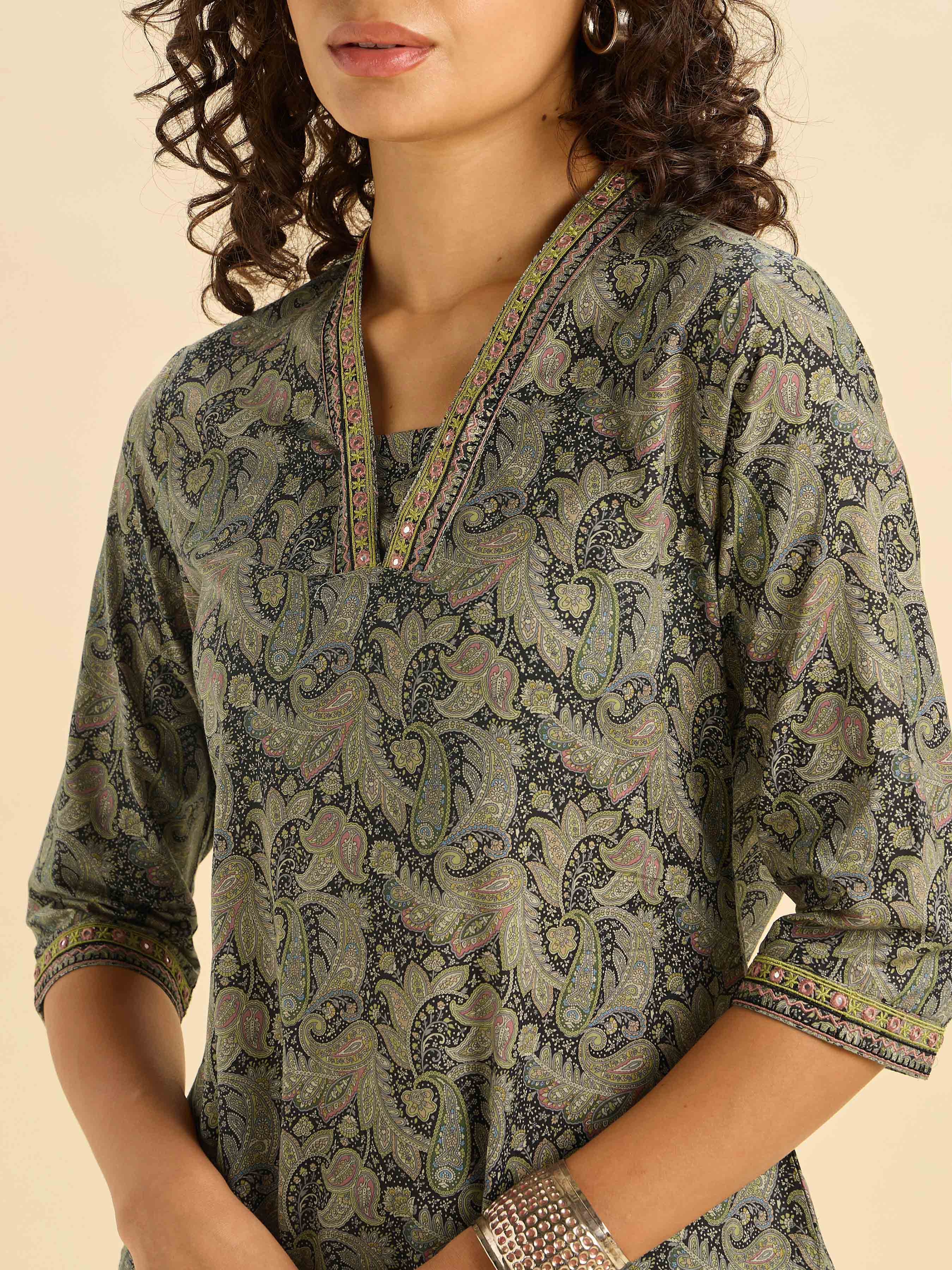 Black Multi Cotton Printed Slit Kurti With Mirror Work