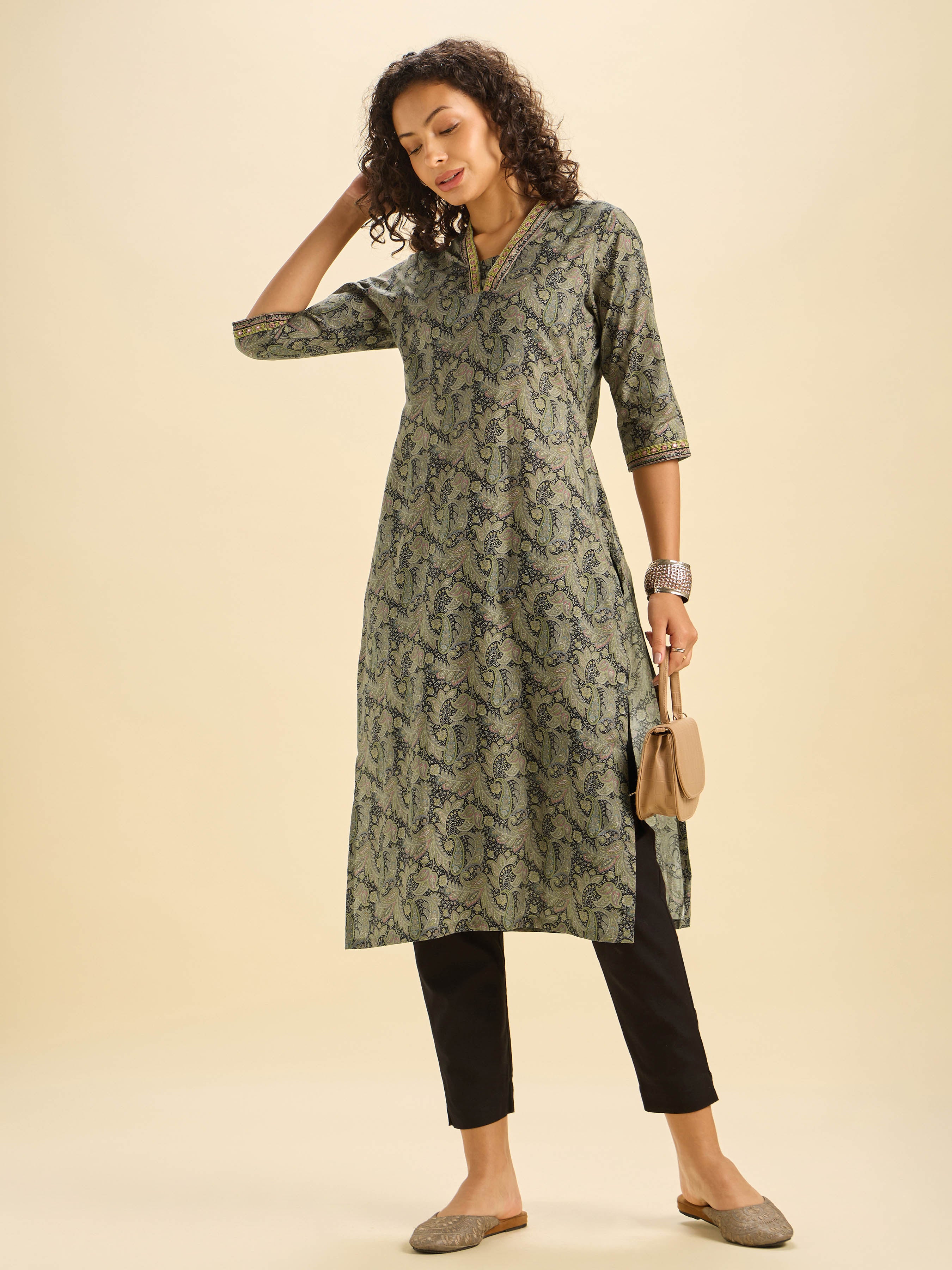 Black Multi Cotton Printed Slit Kurti With Mirror Work