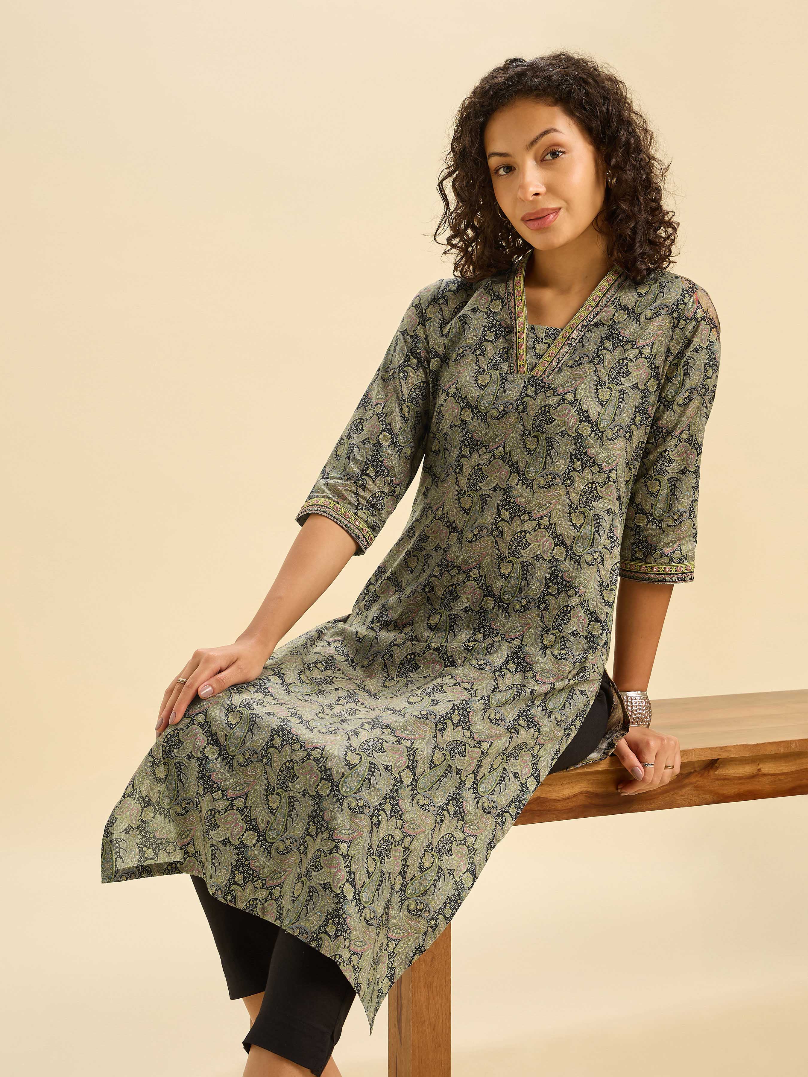 Black Multi Cotton Printed Slit Kurti With Mirror Work