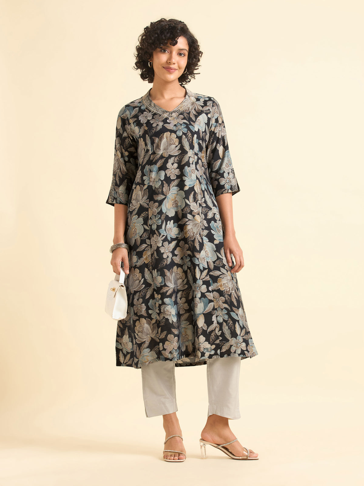 Black Multicolour Modal Chanderi Printed Flared Kurti With Sequins Embroidery