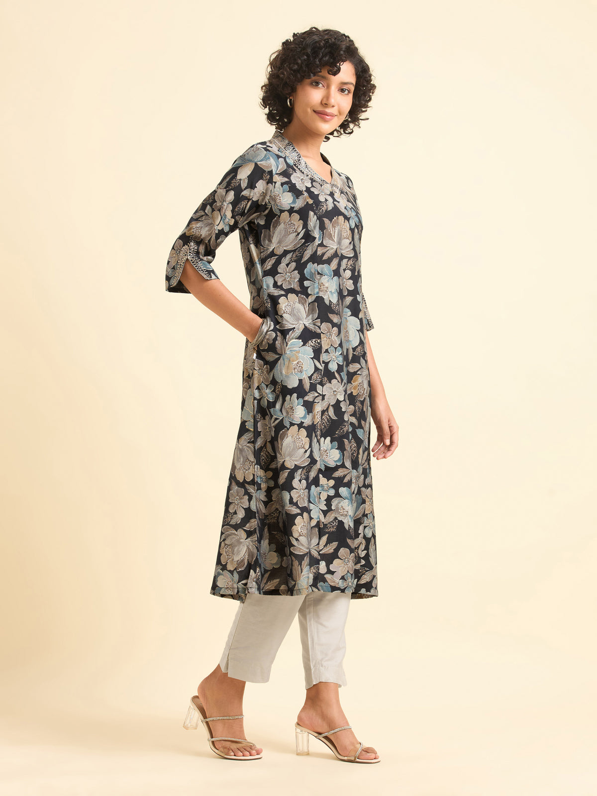 Black Multicolour Modal Chanderi Printed Flared Kurti With Sequins Embroidery