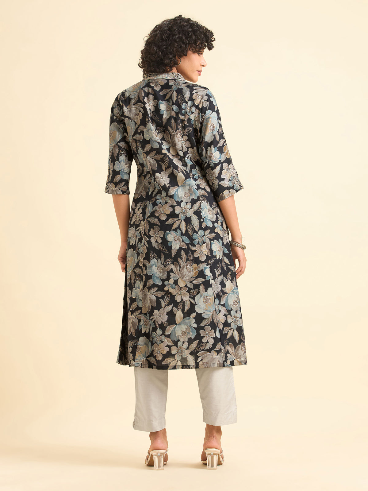 Black Multicolour Modal Chanderi Printed Flared Kurti With Sequins Embroidery