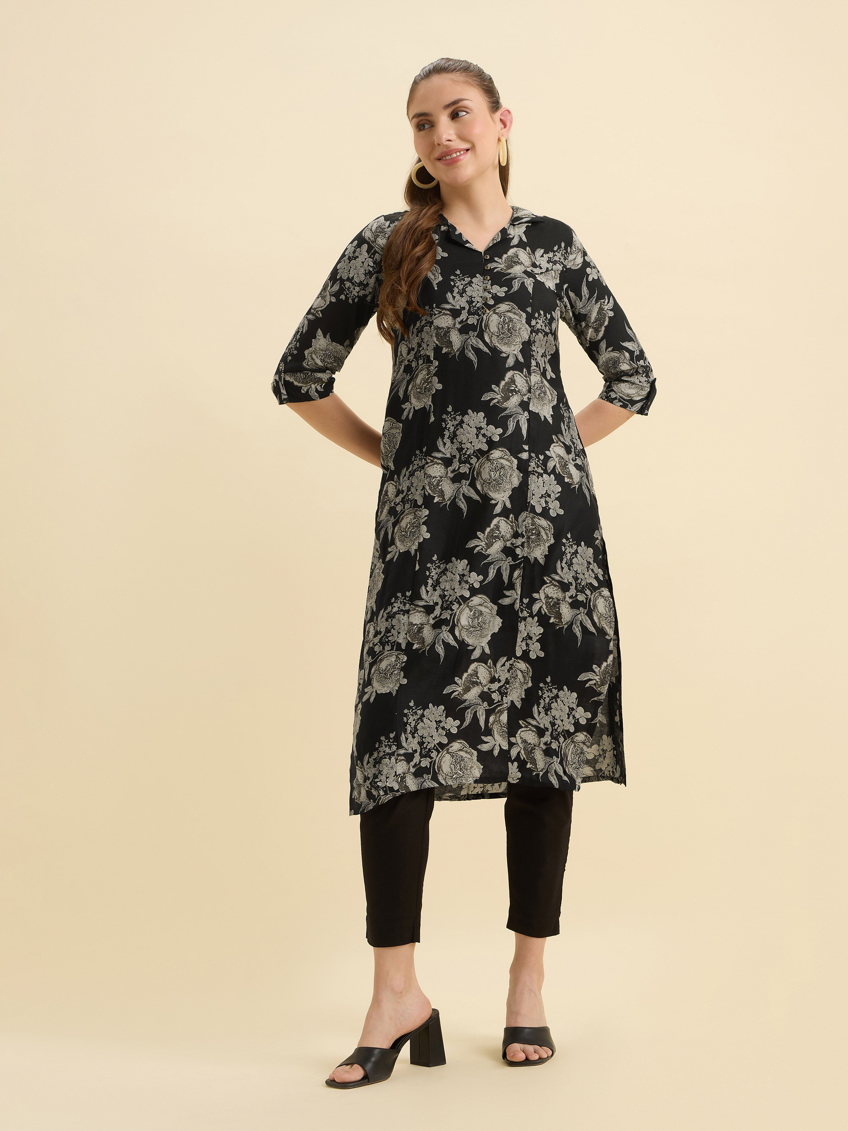 Black Ploy Viscose Flared Printed Kurti With Princesscut
