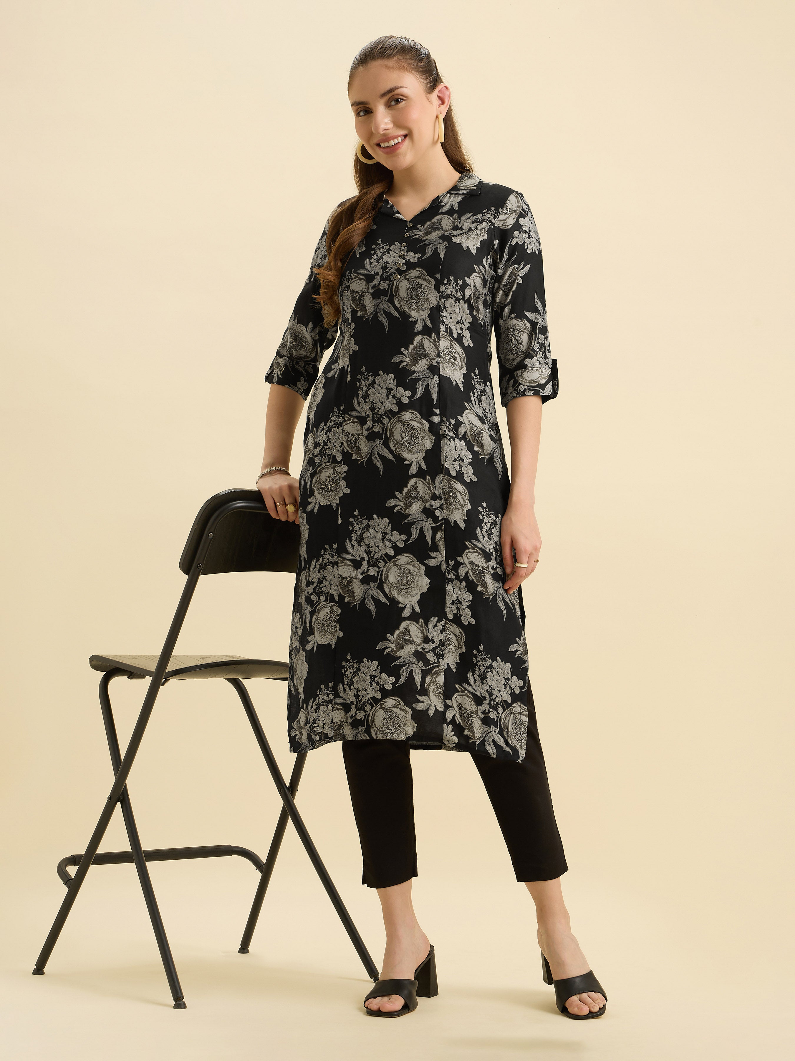 Black Ploy Viscose Flared Printed Kurti With Princesscut
