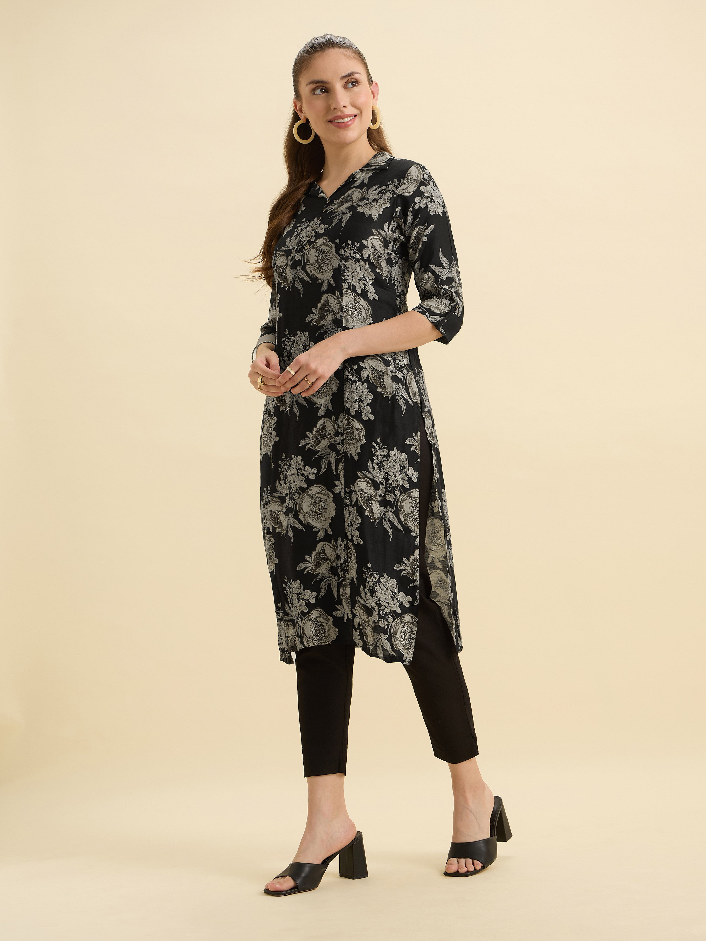 Black Ploy Viscose Flared Printed Kurti With Princesscut