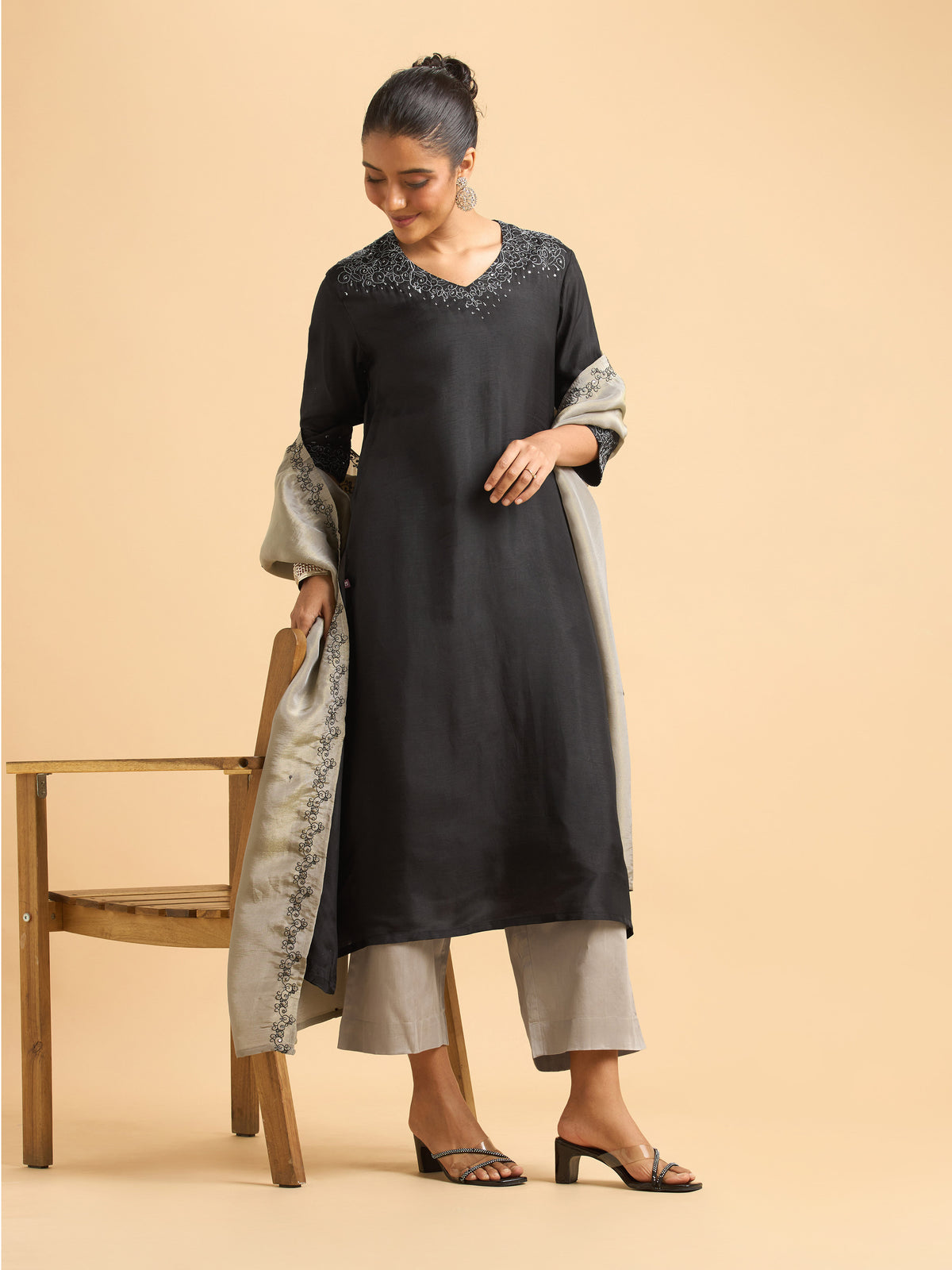Black Poly Viscose Plain Flared Kurti Set With Sequins Embroidery Work And Dupatta