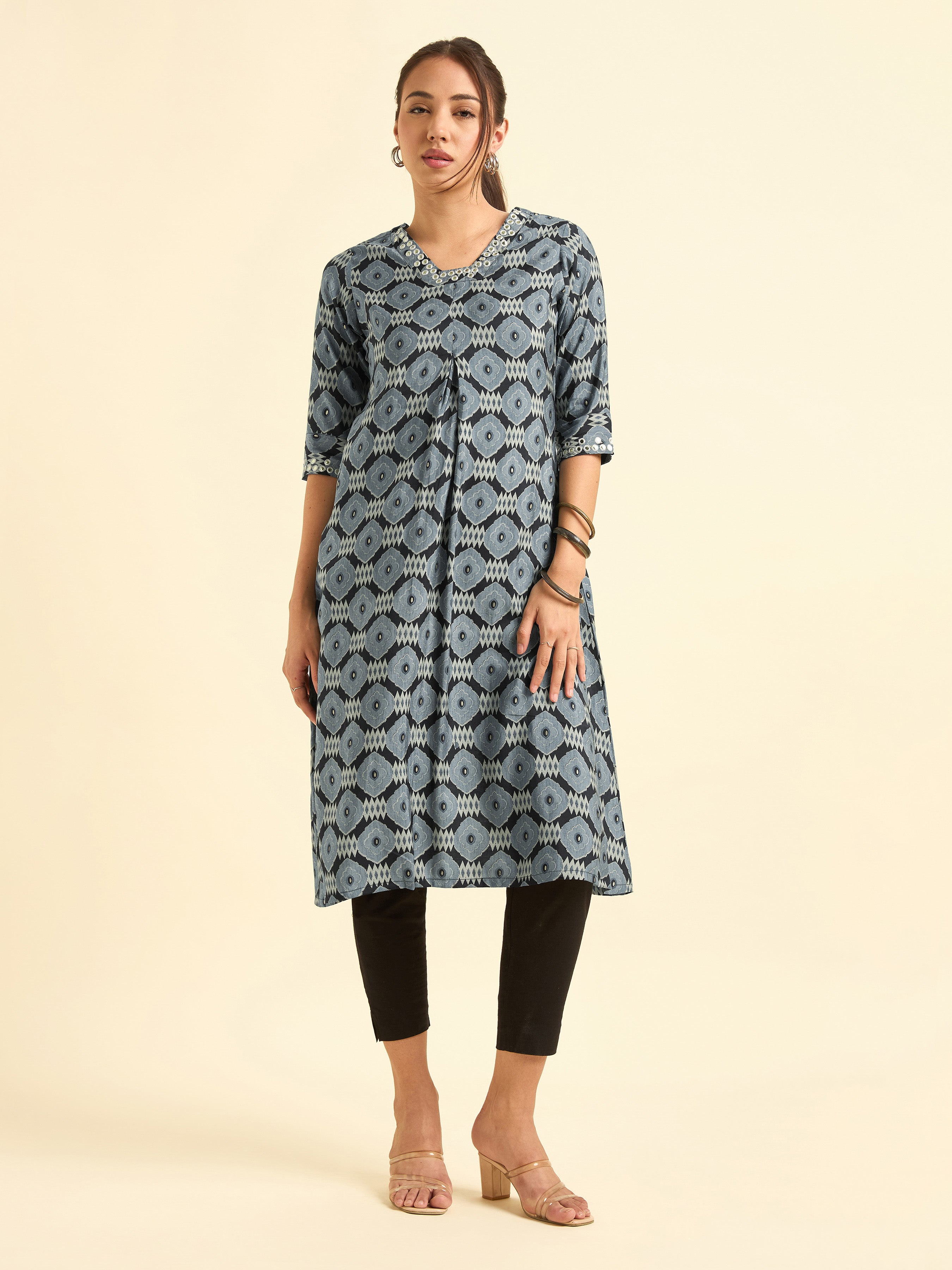 Black Viscose Blend Printed Flared Kurti With Mirror Work