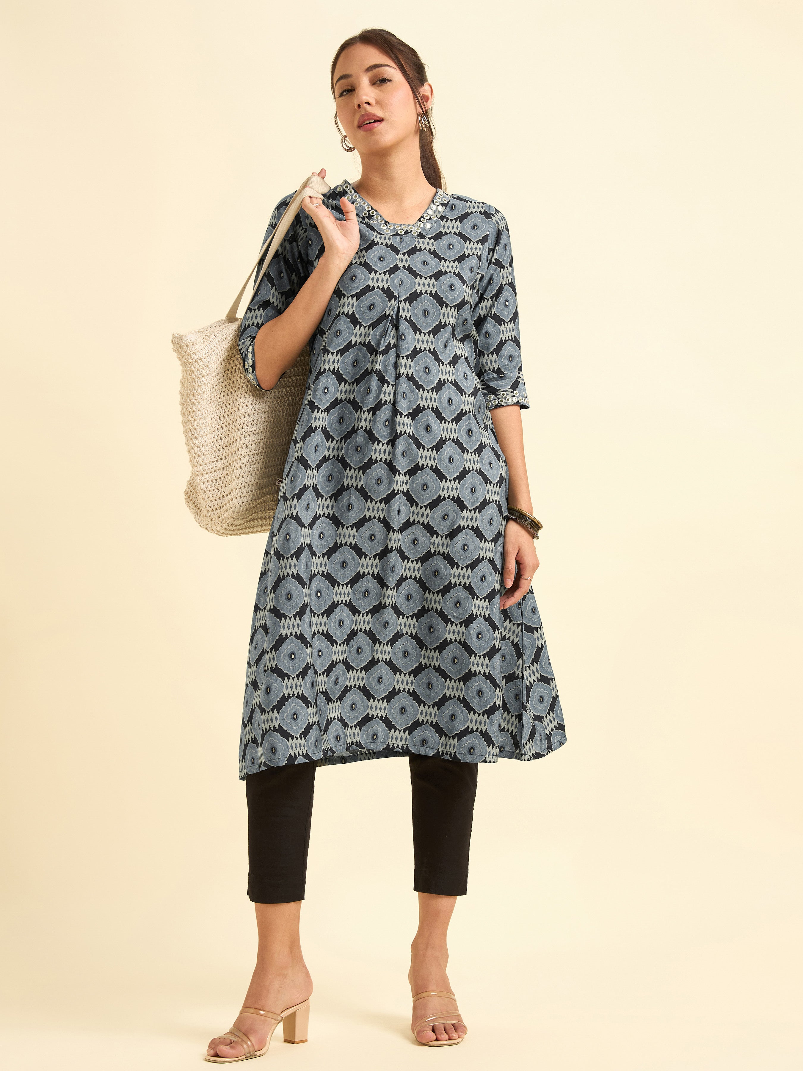Black Viscose Blend Printed Flared Kurti With Mirror Work