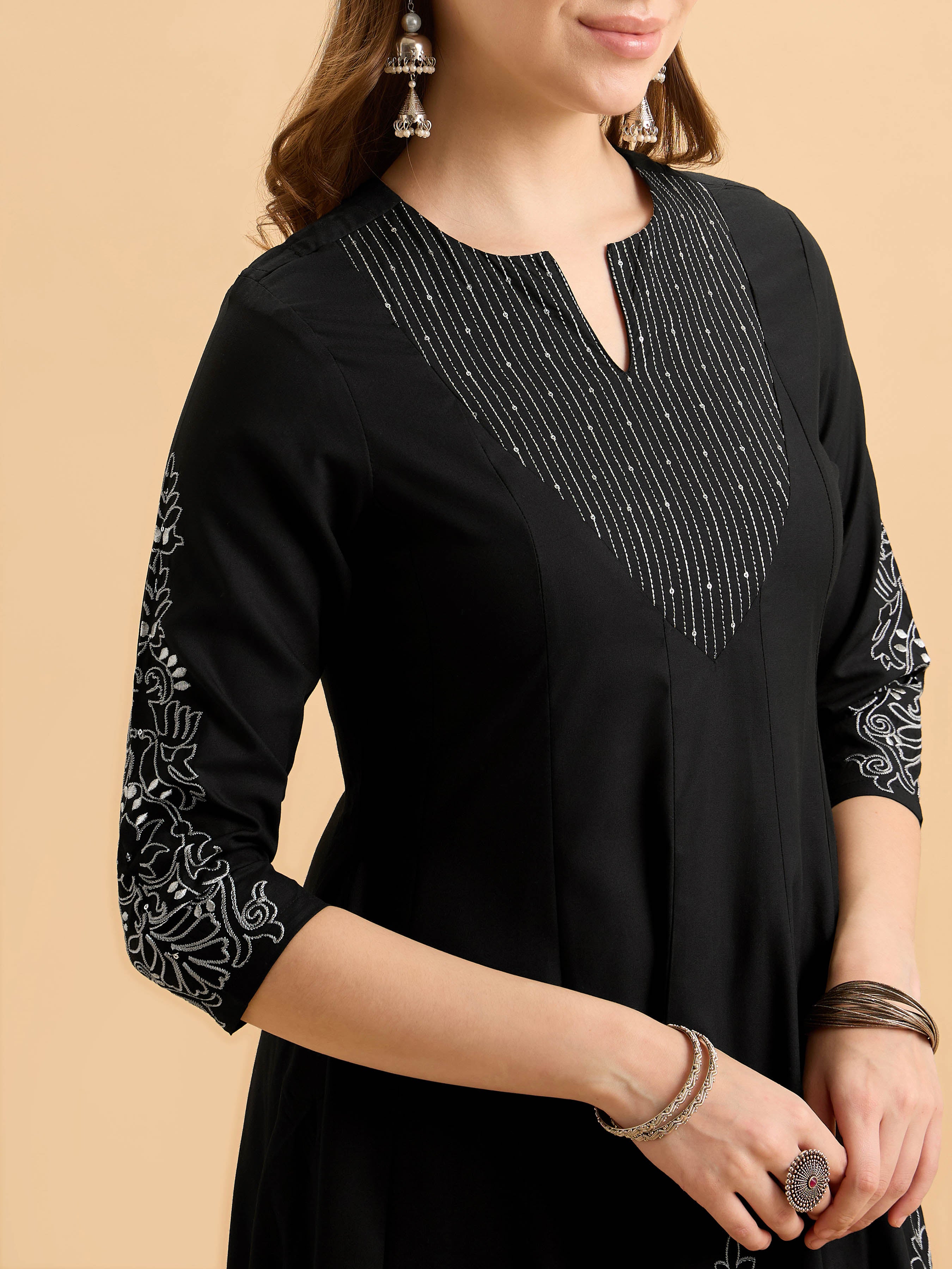 Black Viscose Kali Cut Kurti Set With Embroidery And Sequins