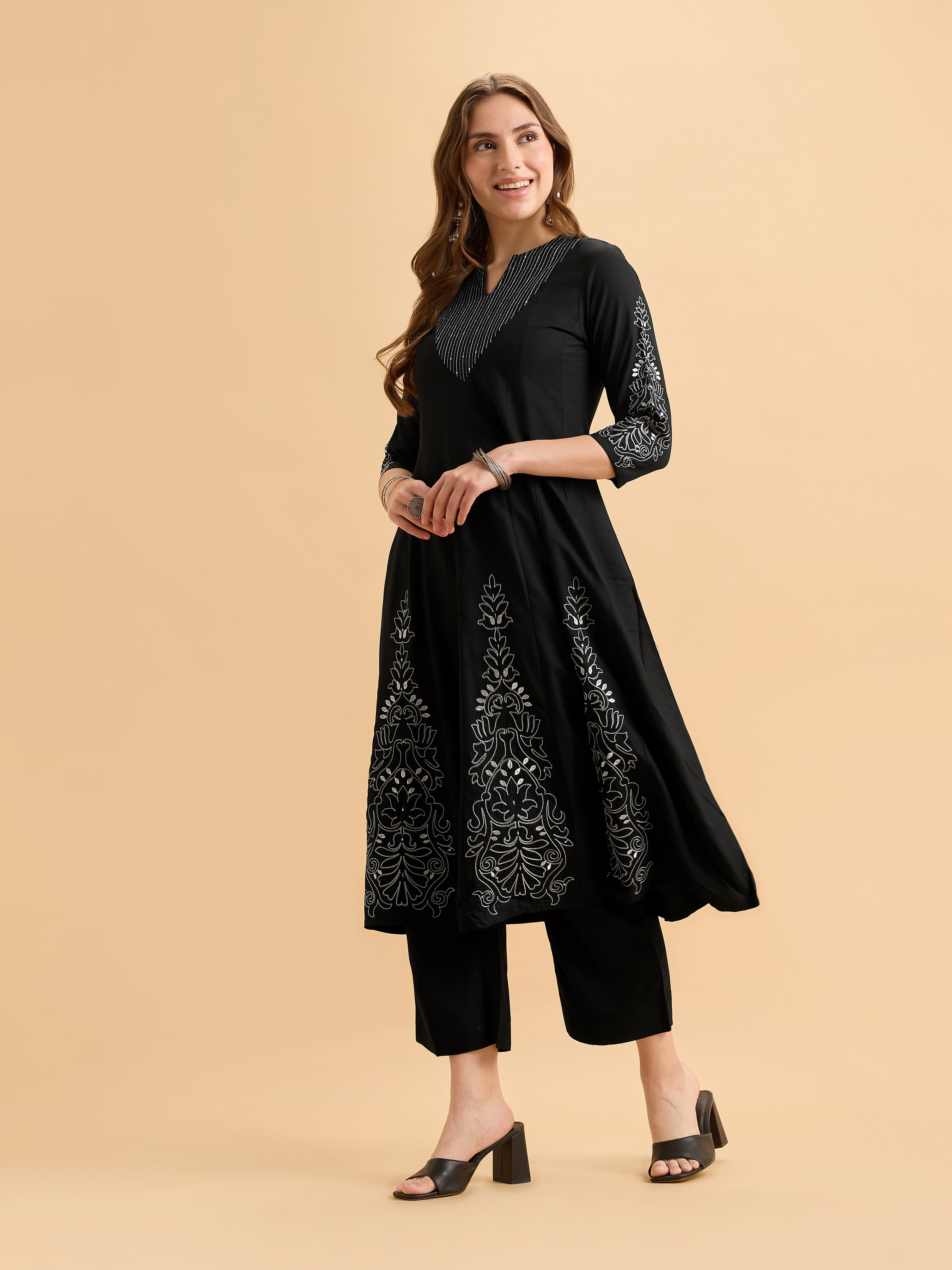 Black Viscose Kali Cut Kurti Set With Embroidery And Sequins