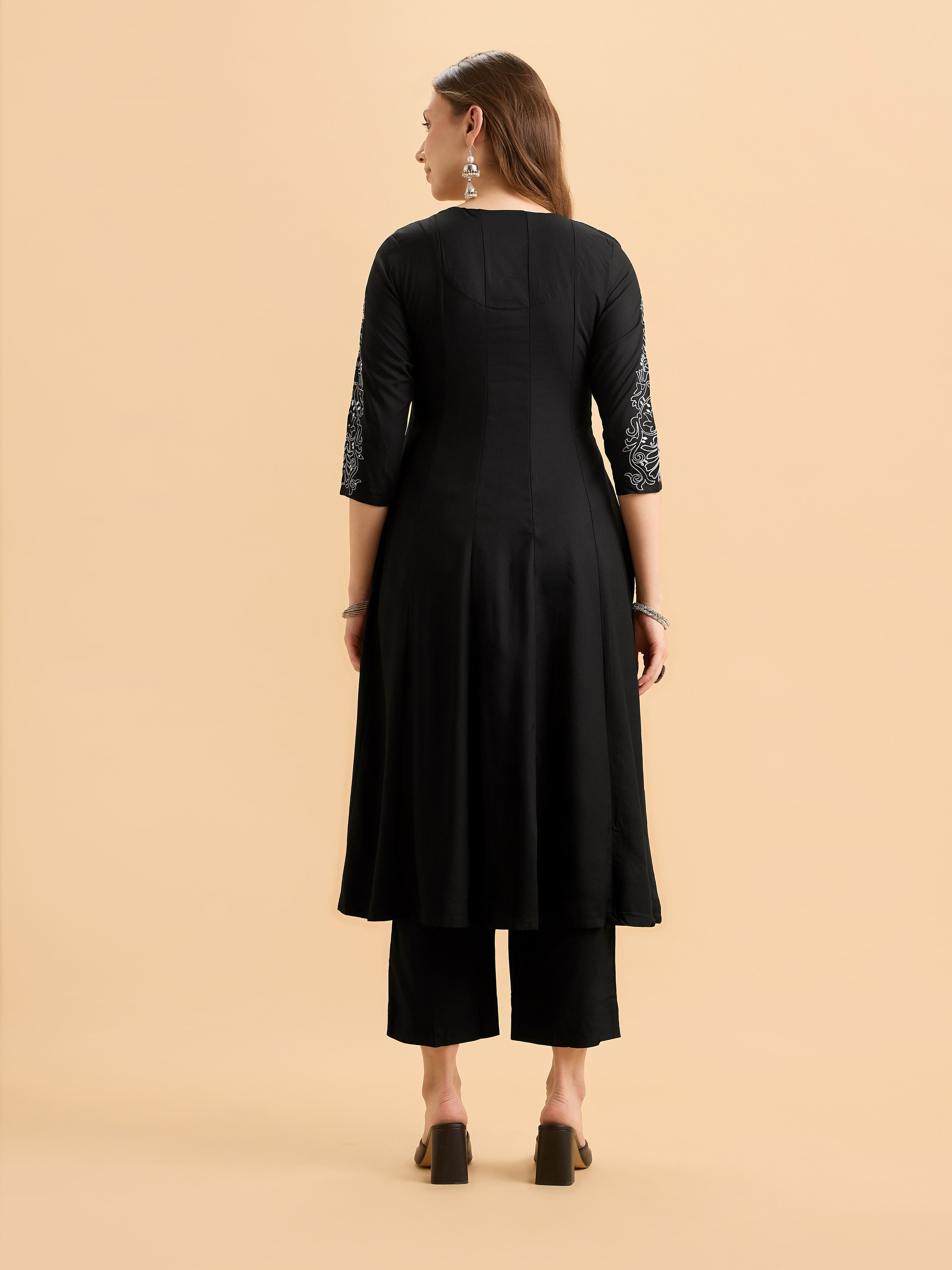 Black Viscose Kali Cut Kurti Set With Embroidery And Sequins