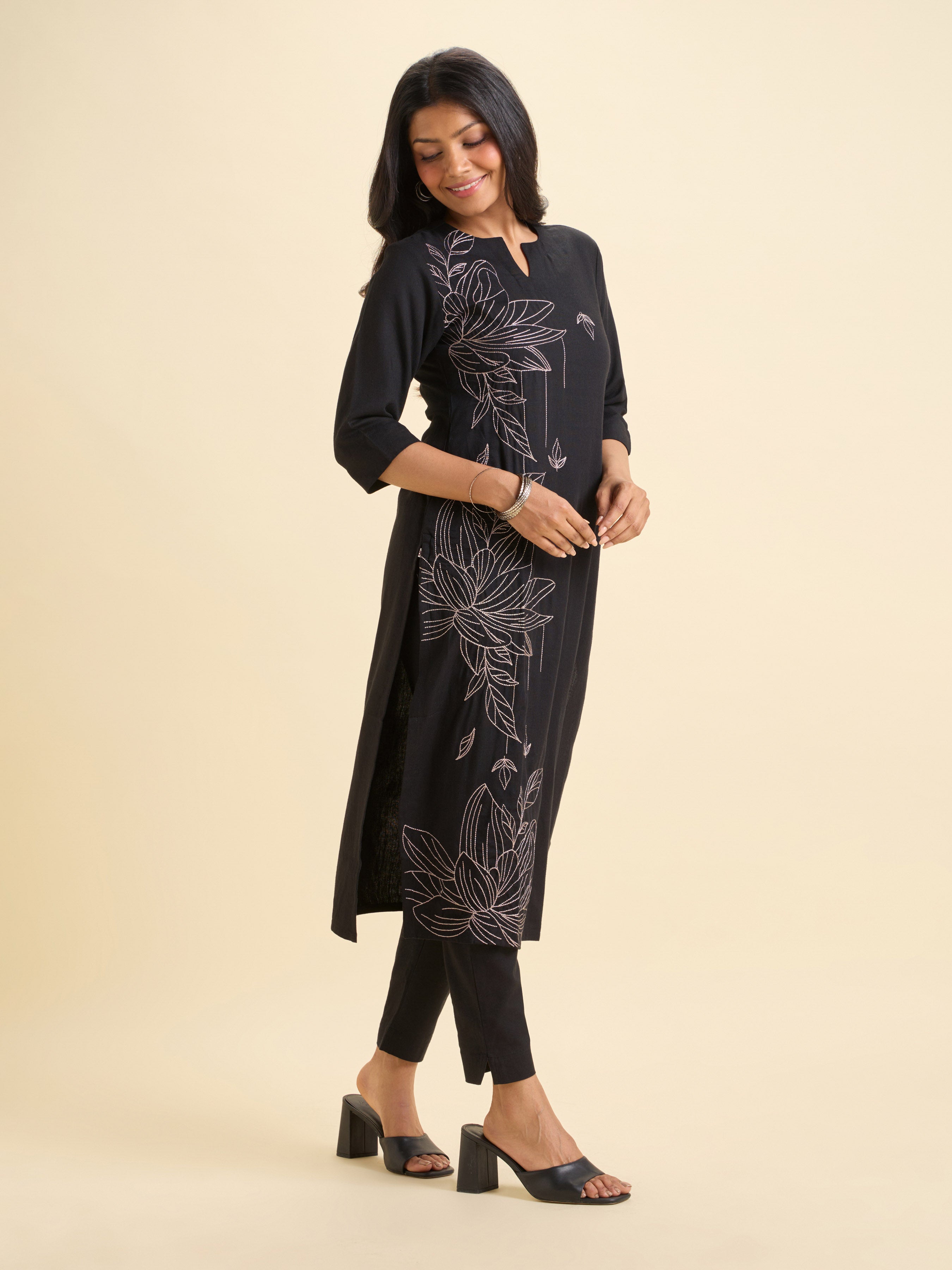 Black Viscose Linen Plain Slitted Kurti With Embroidery