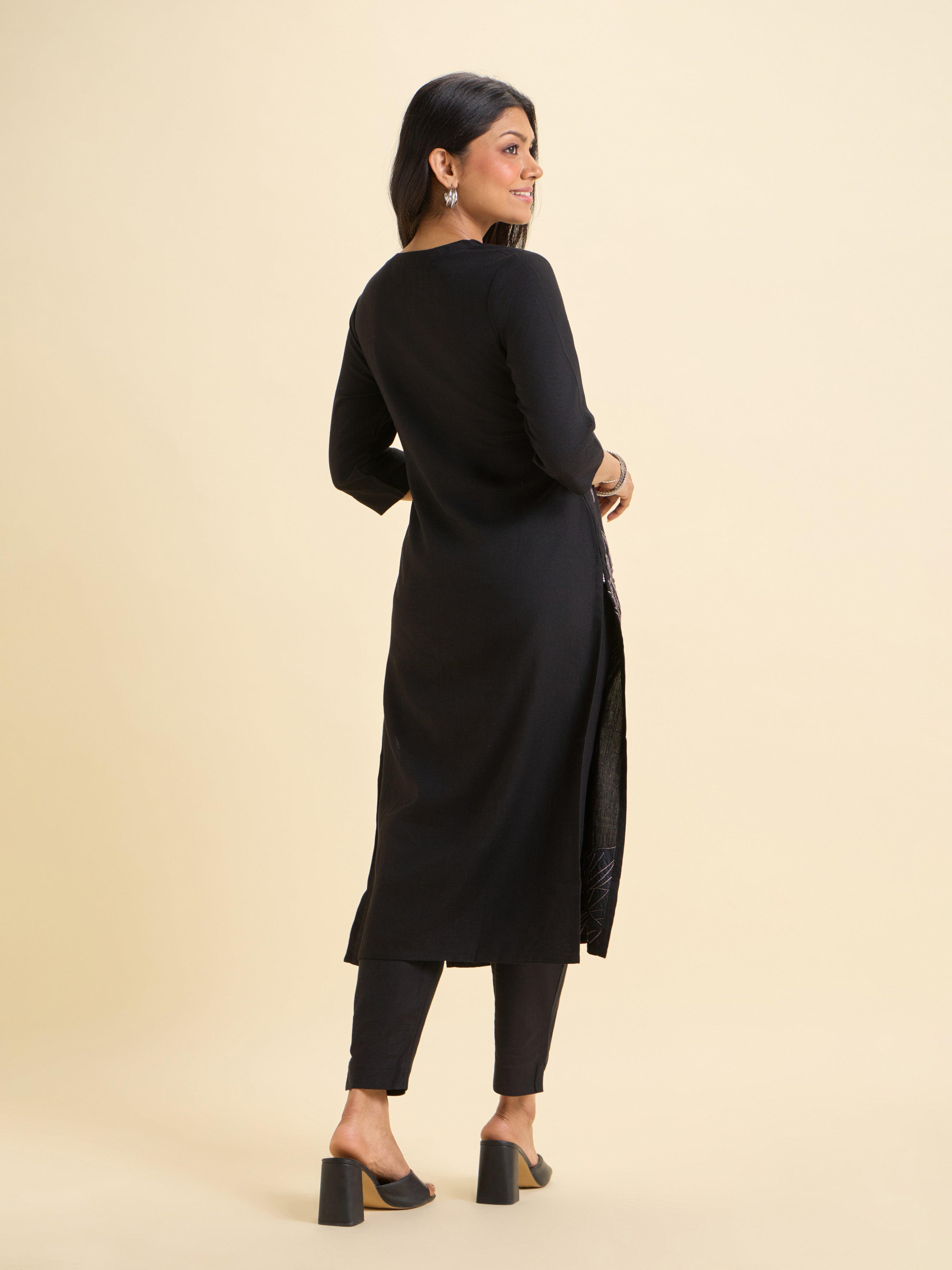 Black Viscose Linen Plain Slitted Kurti With Embroidery