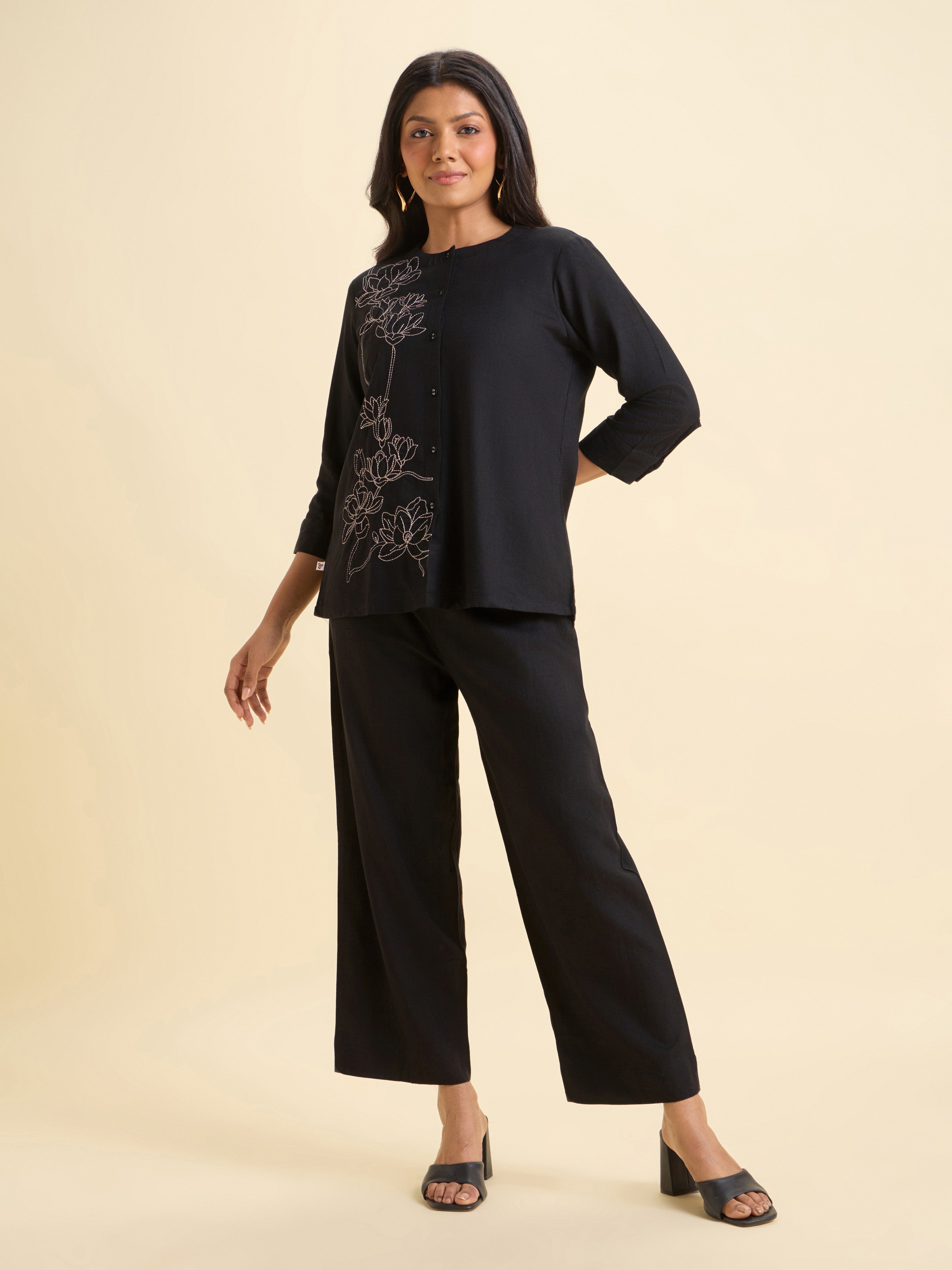 Black Viscose Linen Plain Tunic Set With Embroidery