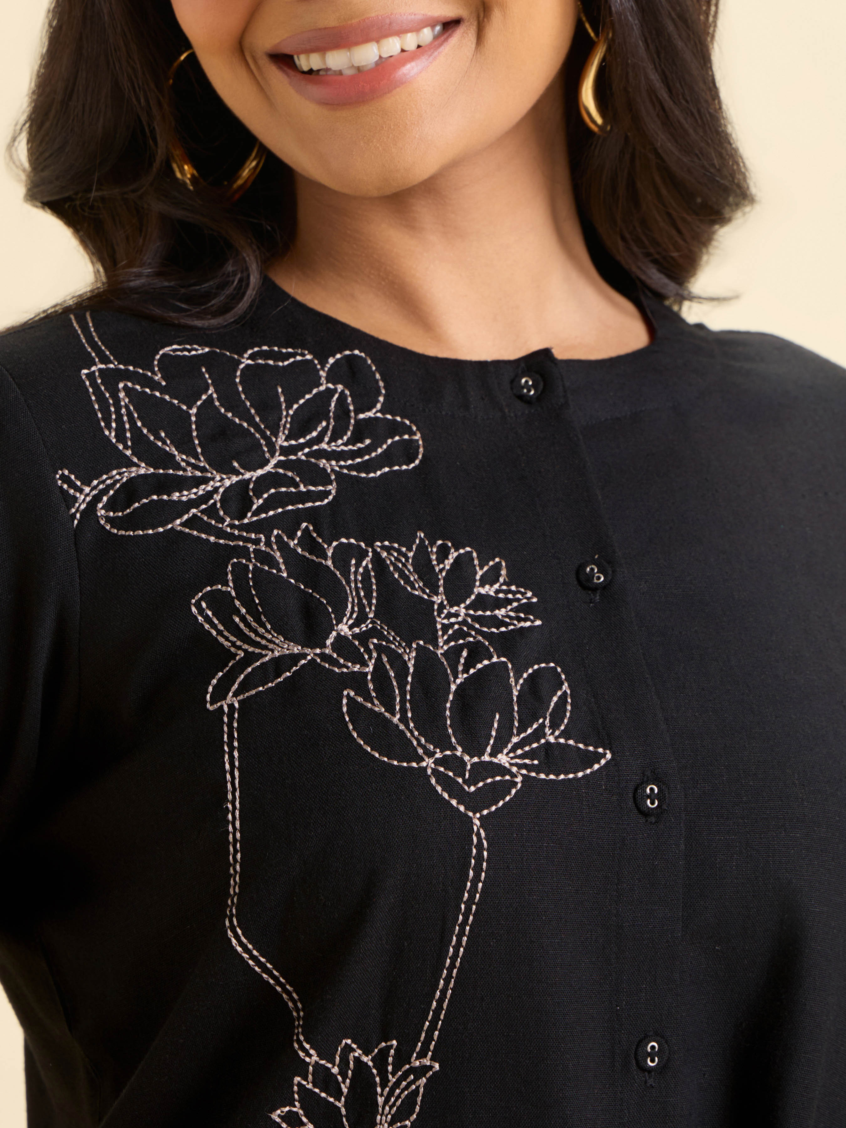 Black Viscose Linen Plain Tunic Set With Embroidery