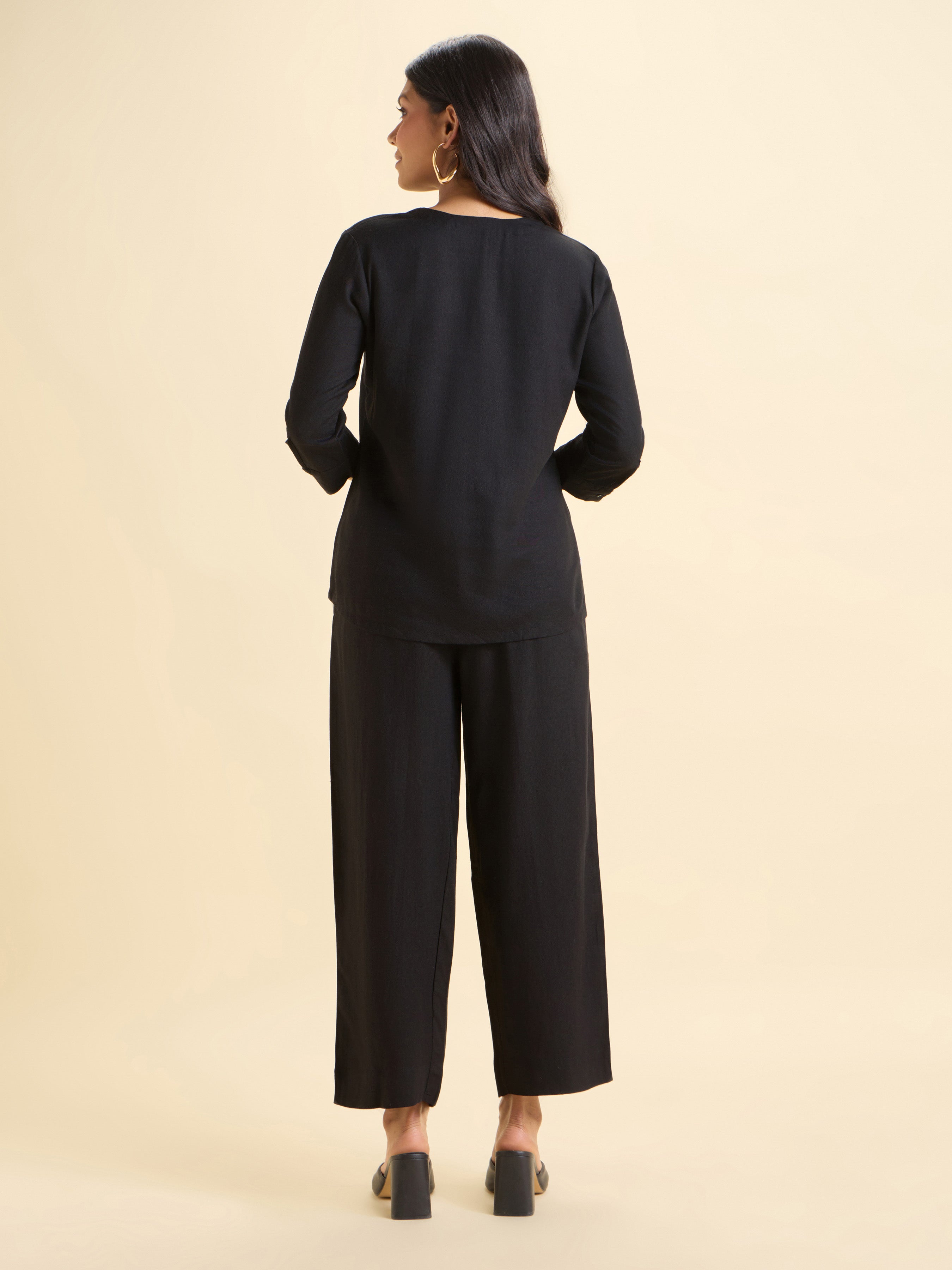 Black Viscose Linen Plain Tunic Set With Embroidery