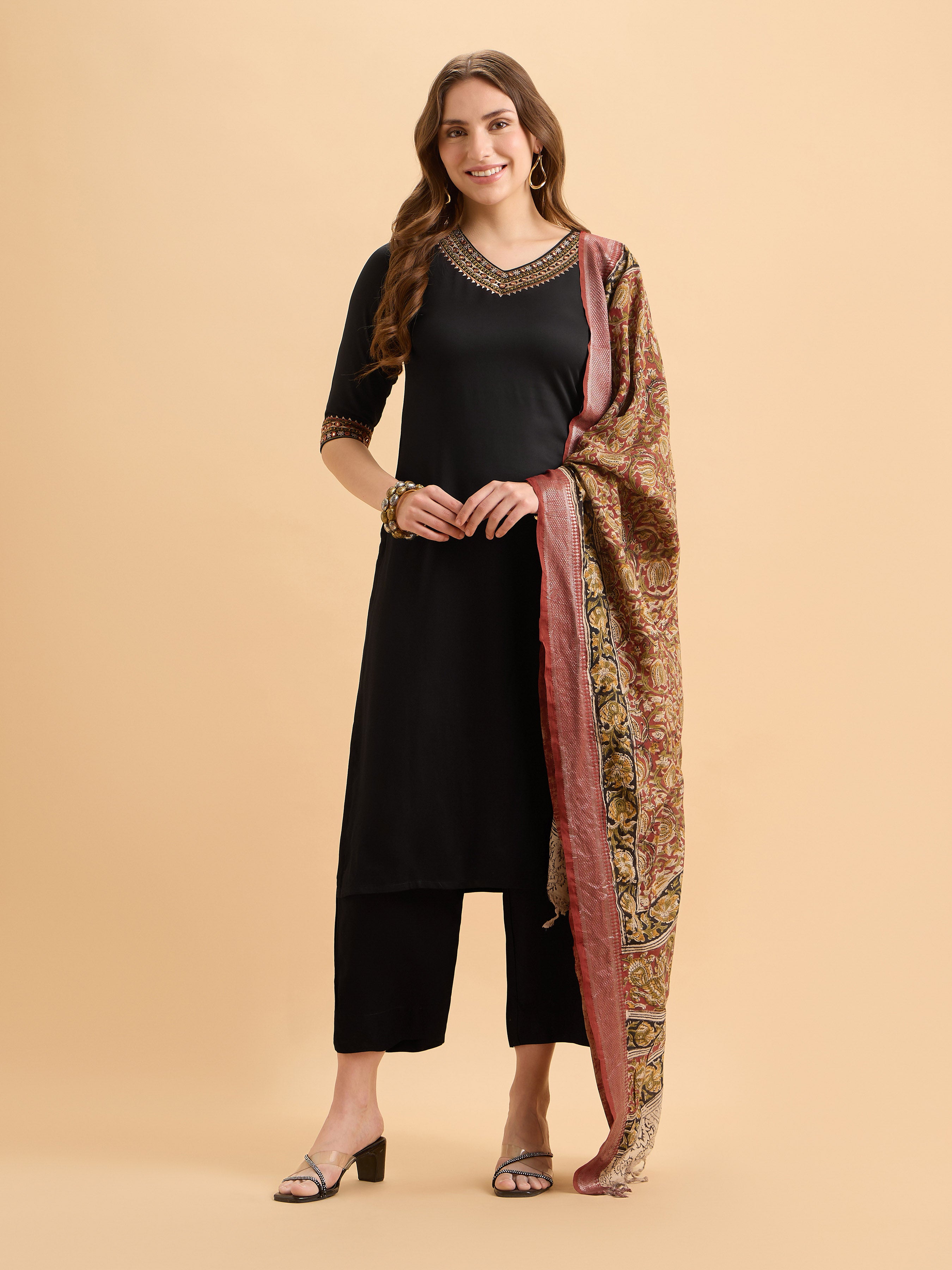 Black Viscose Kurti Set With Kalamkari Dupatta