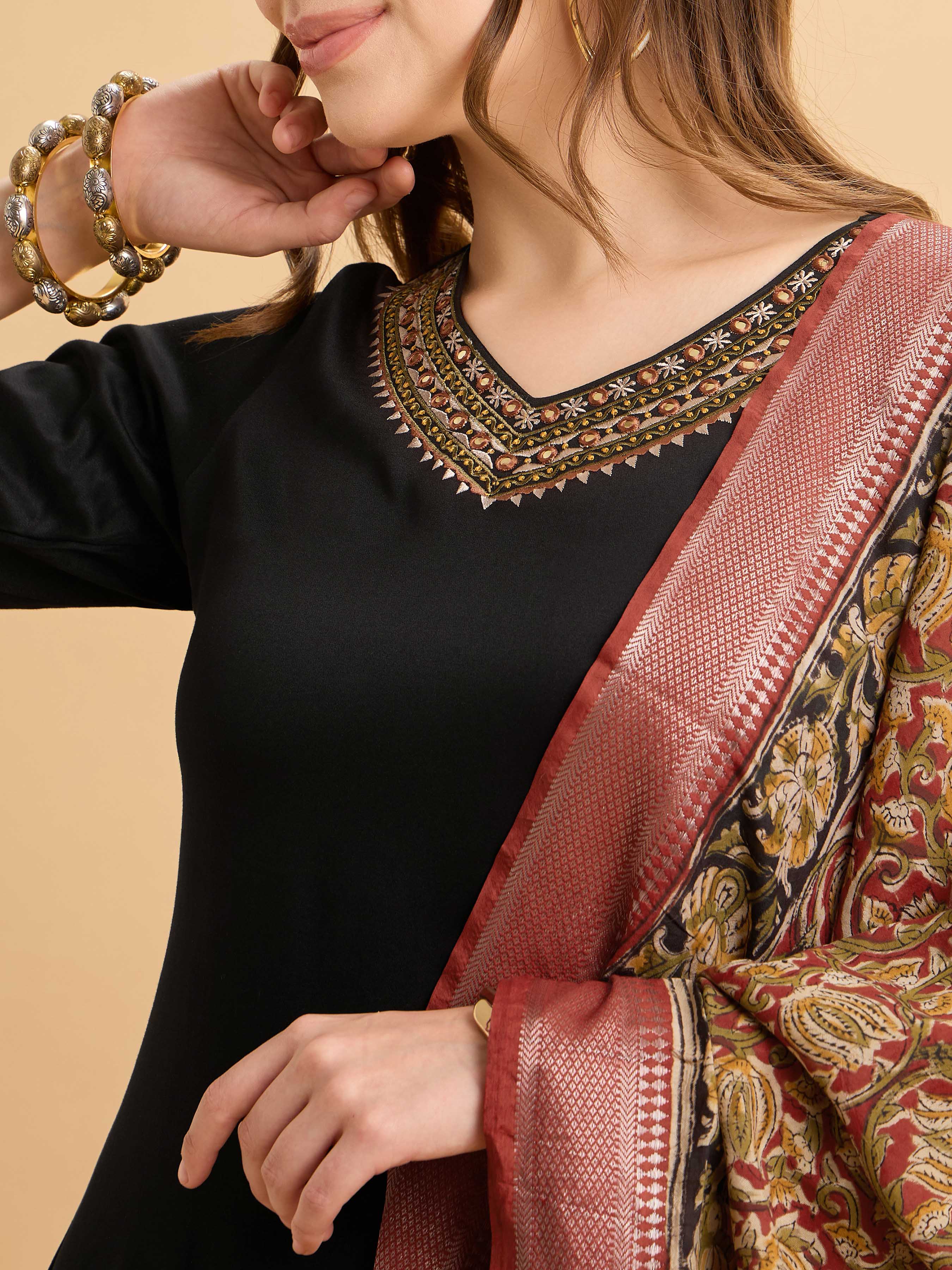 Black Viscose Kurti Set With Kalamkari Dupatta