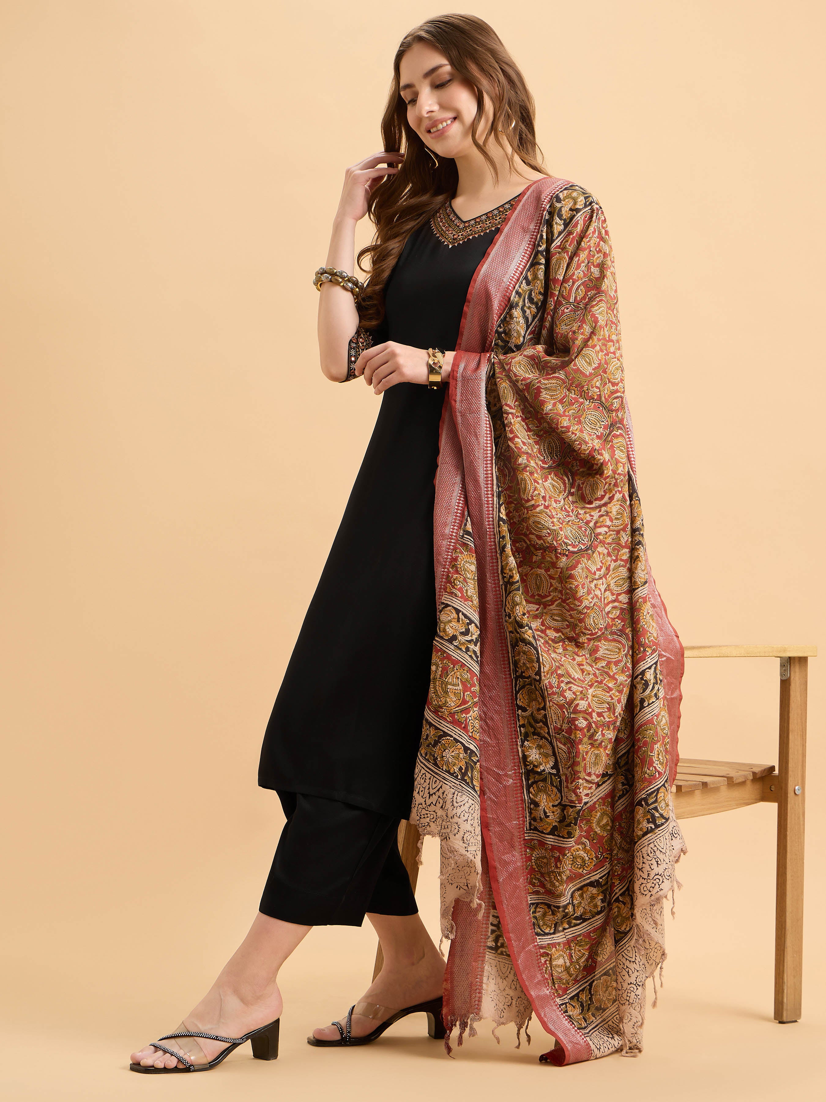 Black Viscose Kurti Set With Kalamkari Dupatta